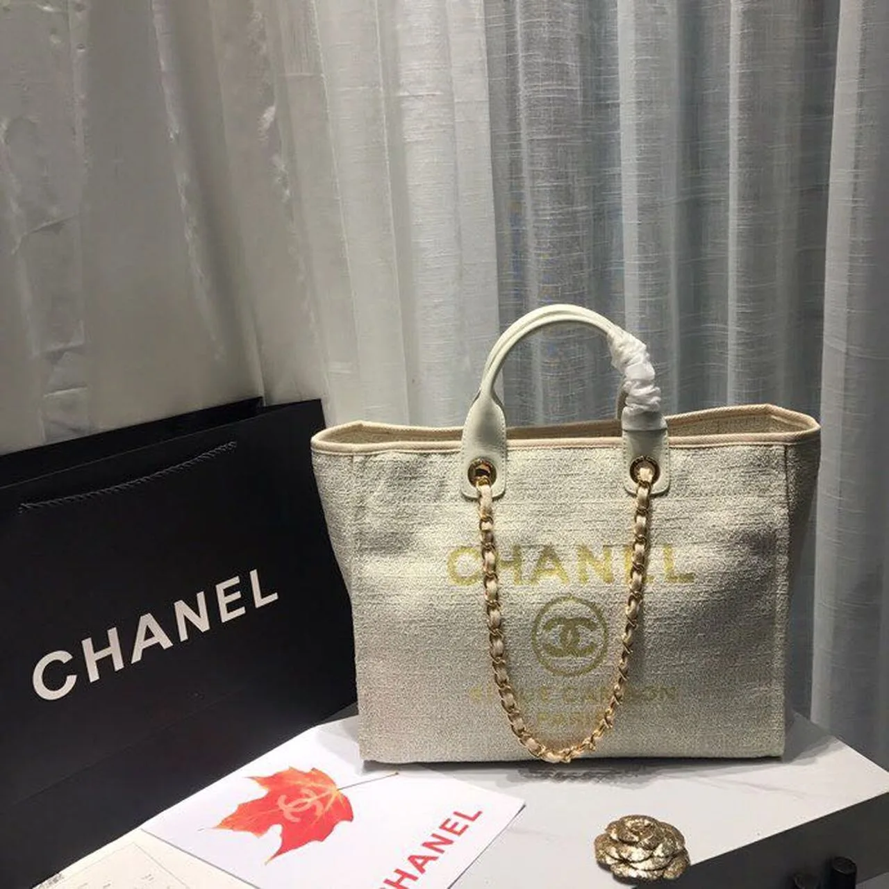 Chanel Deauville Tote Bag / Beige Tweed Canvas Gold Hardware - Image 3