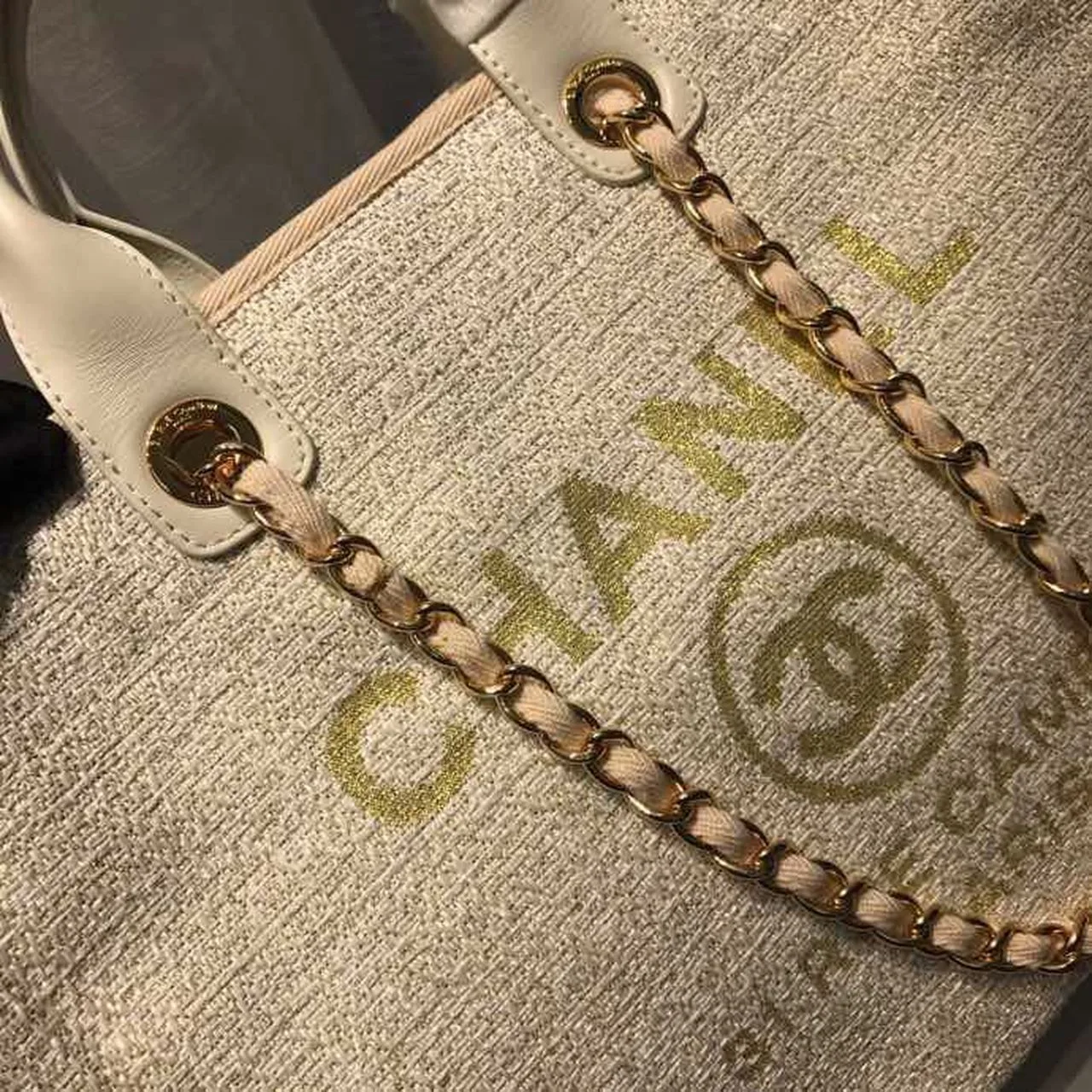 Chanel Deauville Tote Bag / Beige Tweed Canvas Gold Hardware - Image 9