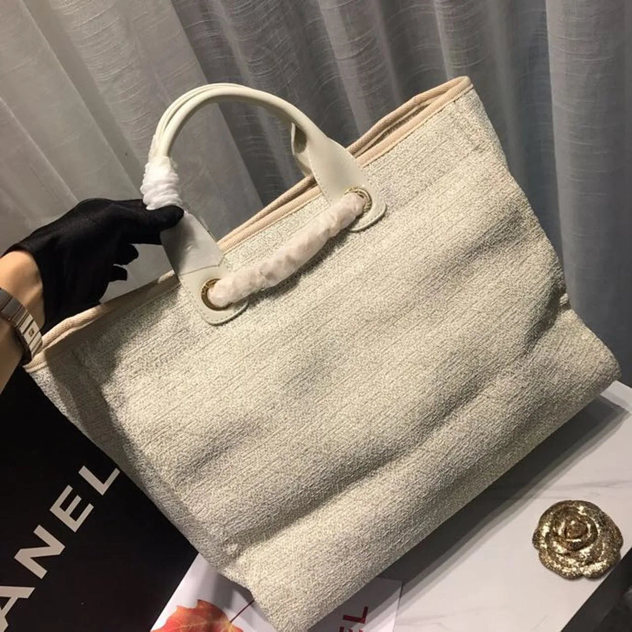 Chanel Deauville Tote Bag / Beige Tweed Canvas Gold Hardware - Image 4