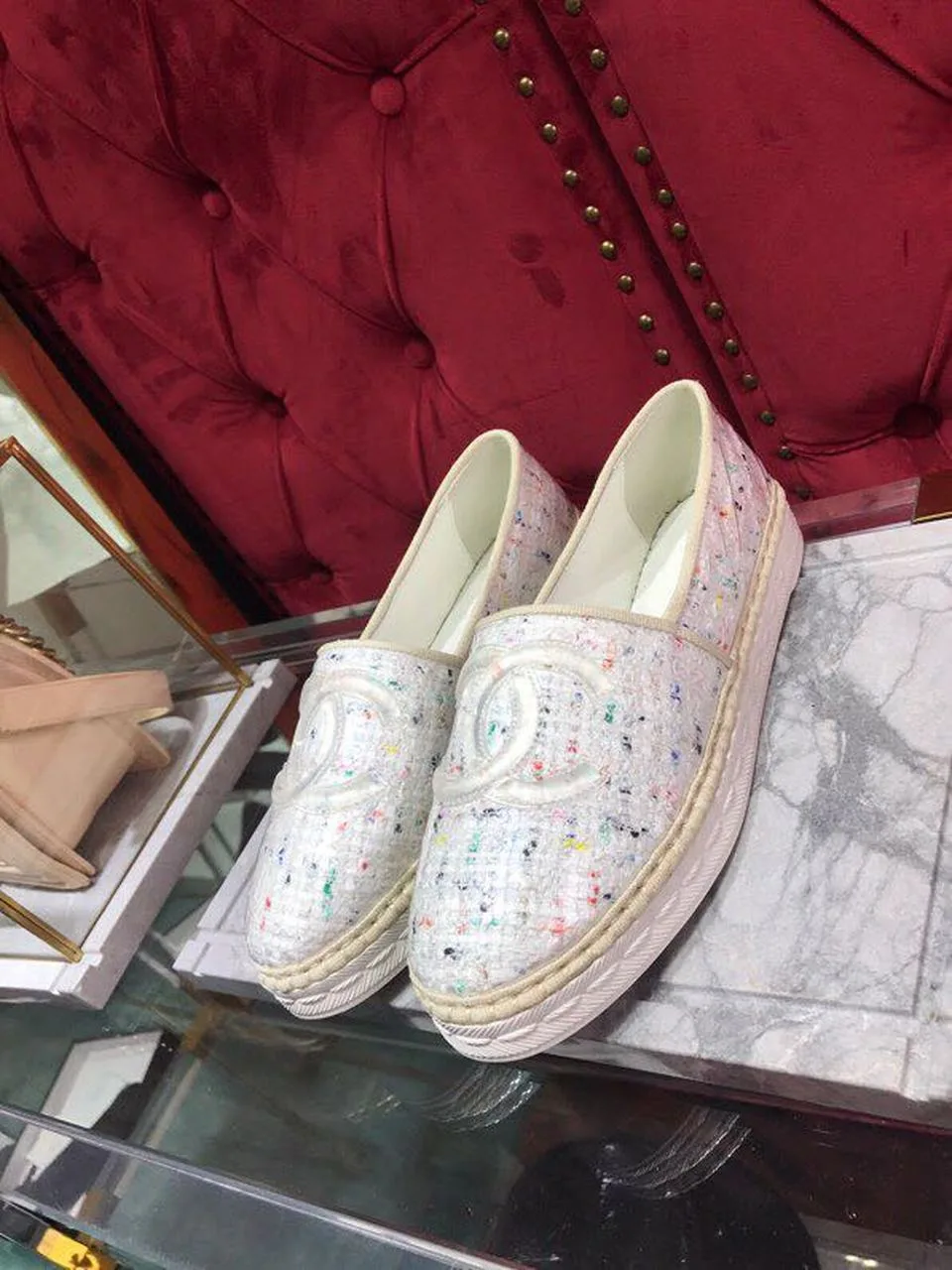 Chanel Tweed/PVC CC Logo Espadrilles White , Shoes - Image 5