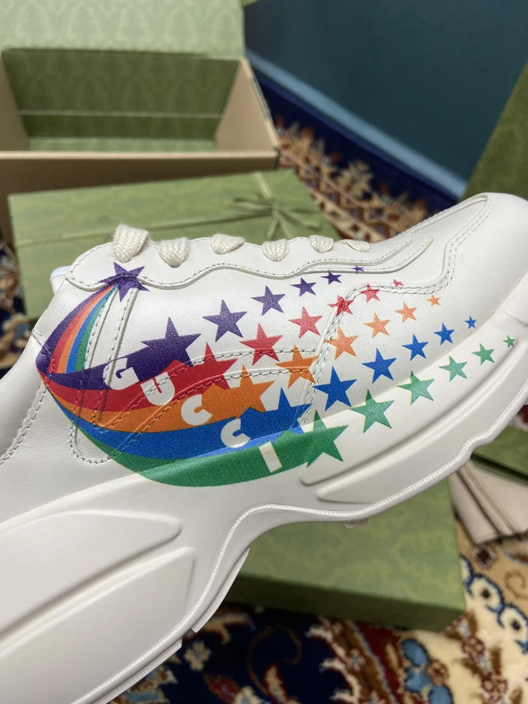 Gucci Men’s Rhyton Sneakers With Gucci Stars White Ivory - Image 6