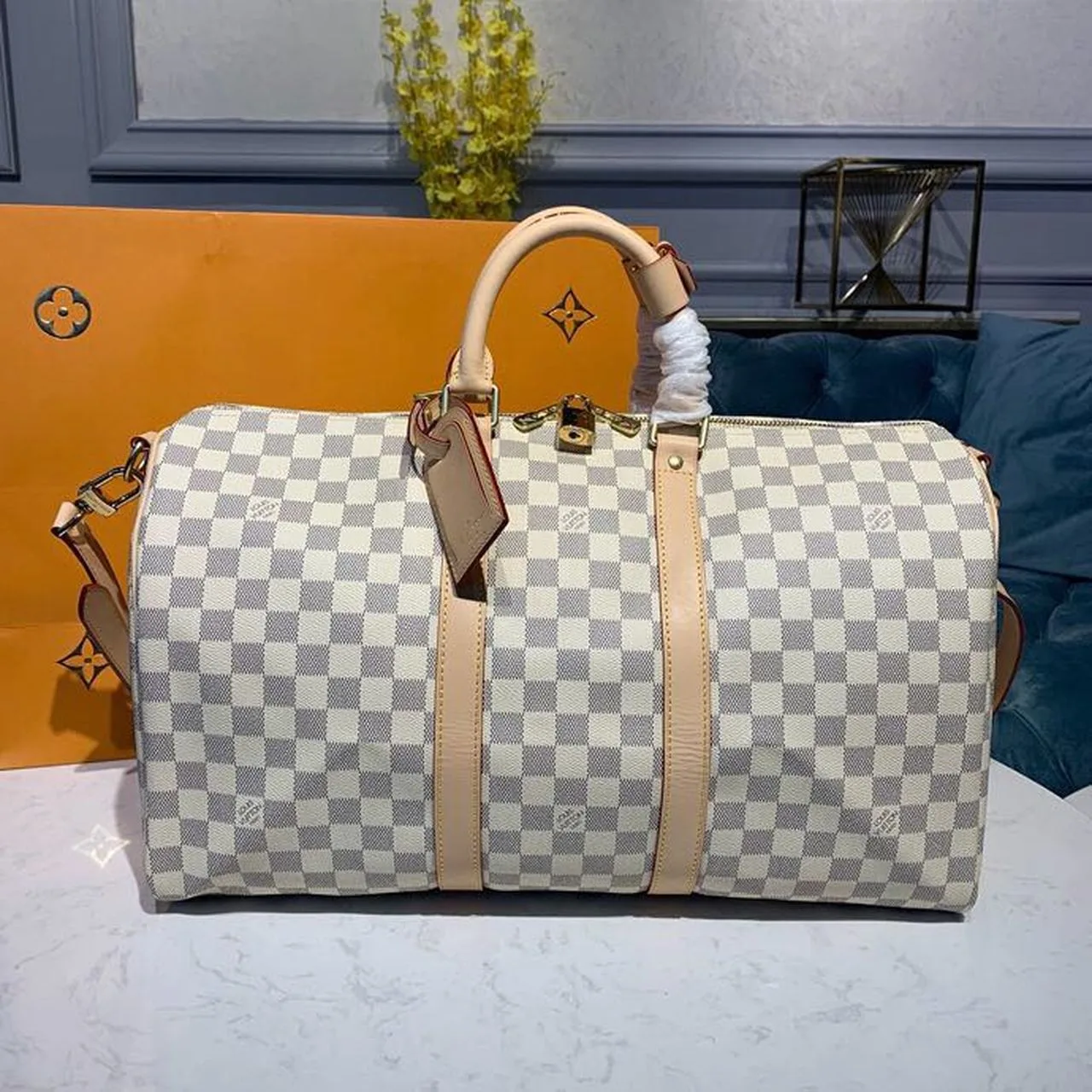 Louis Vuitton Keepall Bandouliere 45 Travel Bag / Damier Azur Gold Hardware - Image 3