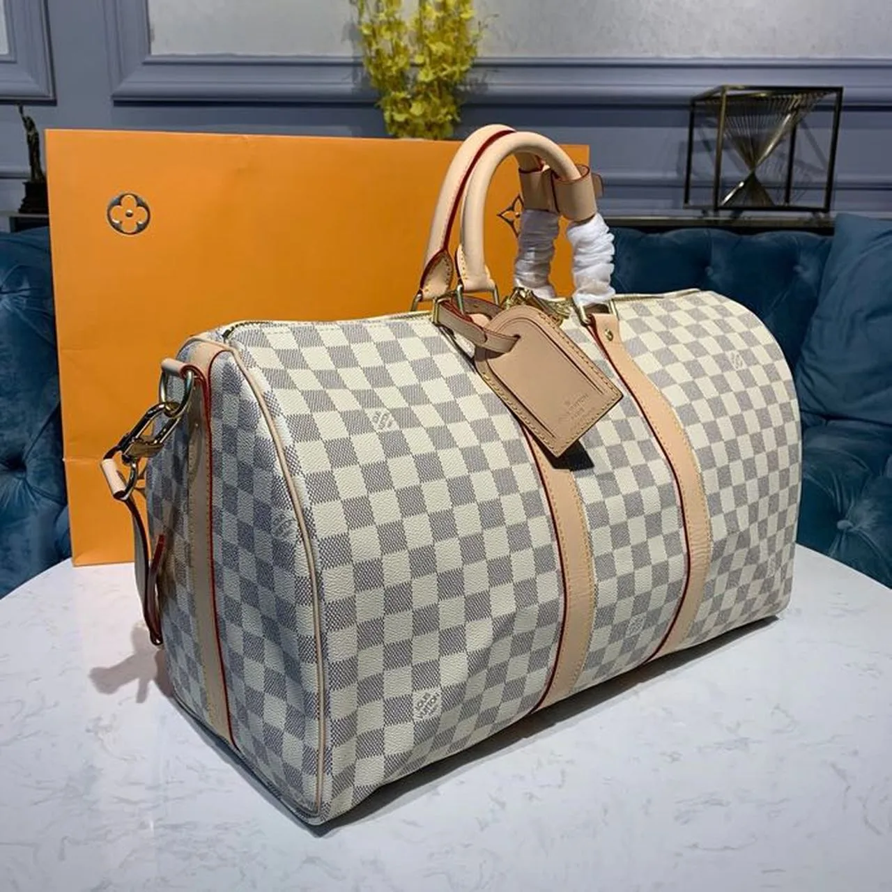 Louis Vuitton Keepall Bandouliere 45 Travel Bag / Damier Azur Gold Hardware - Image 5