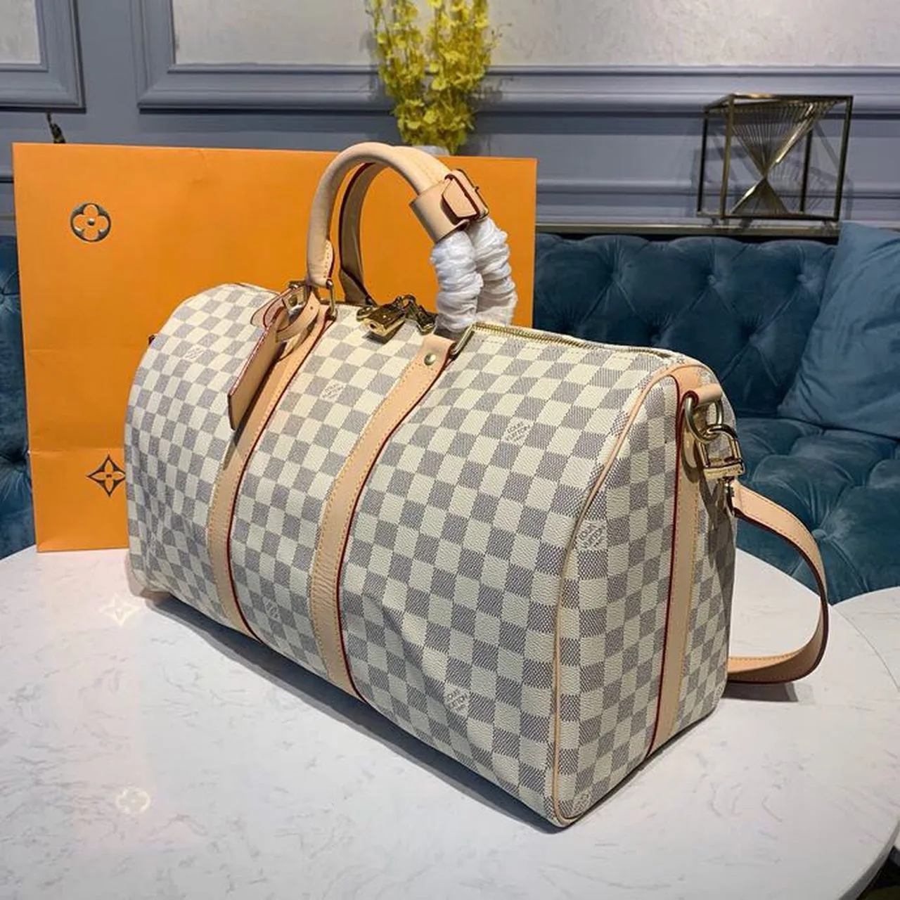Louis Vuitton Keepall Bandouliere 45 Travel Bag / Damier Azur Gold Hardware - Image 4