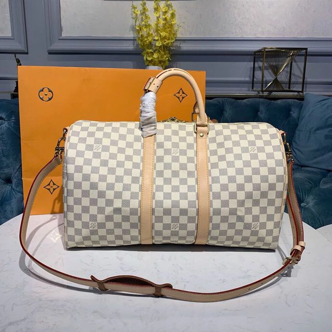Louis Vuitton Keepall Bandouliere 45 Travel Bag / Damier Azur Gold Hardware - Image 6