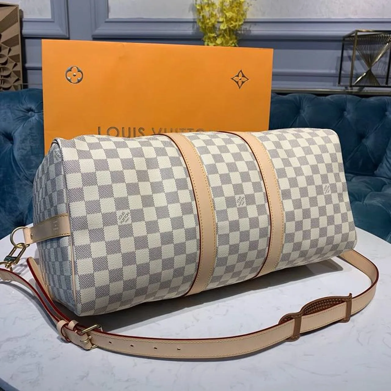 Louis Vuitton Keepall Bandouliere 45 Travel Bag / Damier Azur Gold Hardware - Image 7