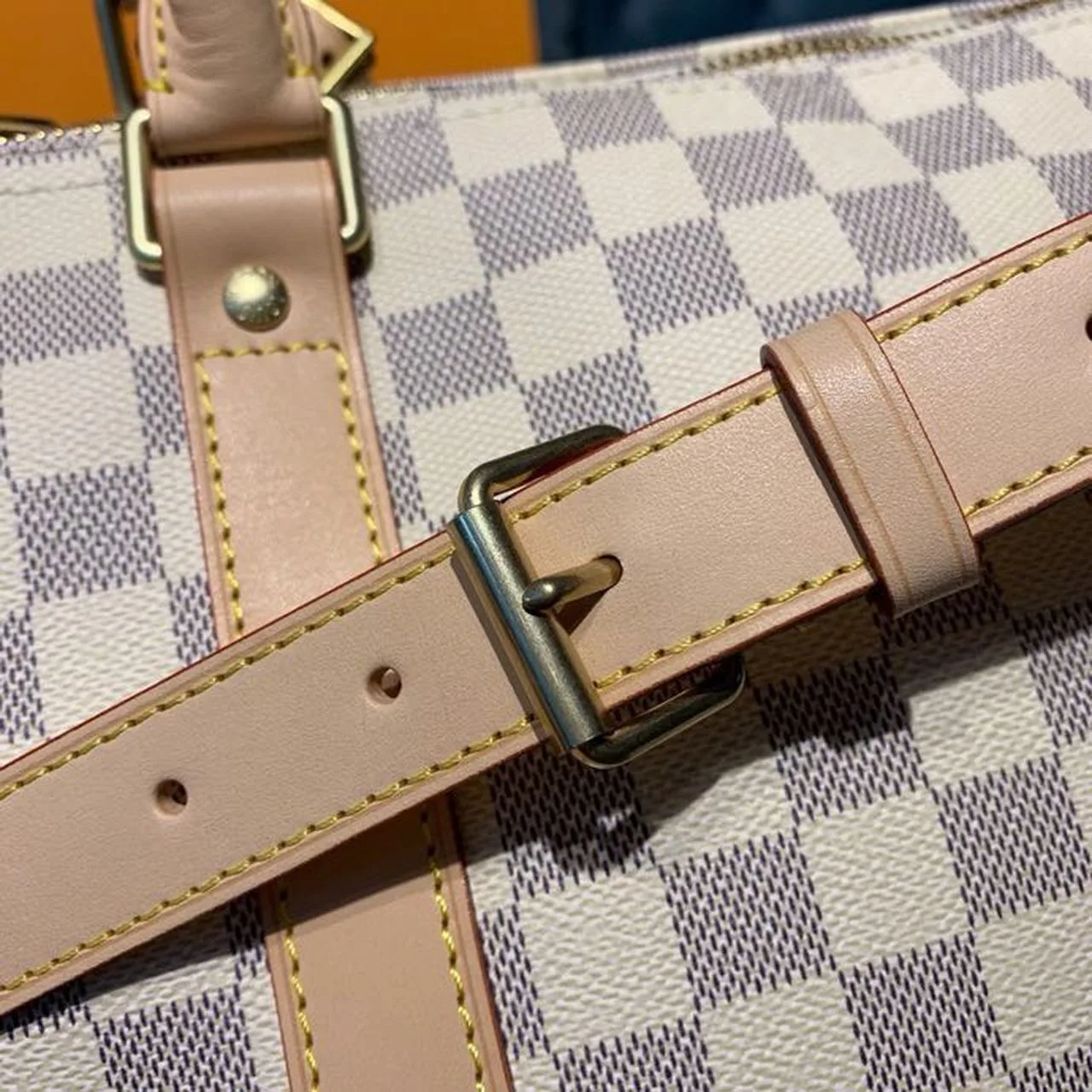 Louis Vuitton Keepall Bandouliere 45 Travel Bag / Damier Azur Gold Hardware - Image 14