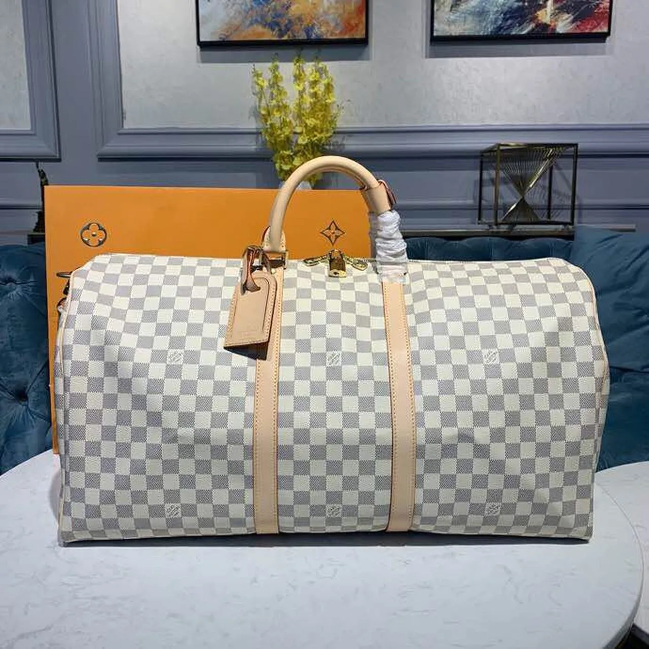 Louis Vuitton Keepall Bandouliere 55 Travel Bag / Damier Azur Gold Hardware - Image 3