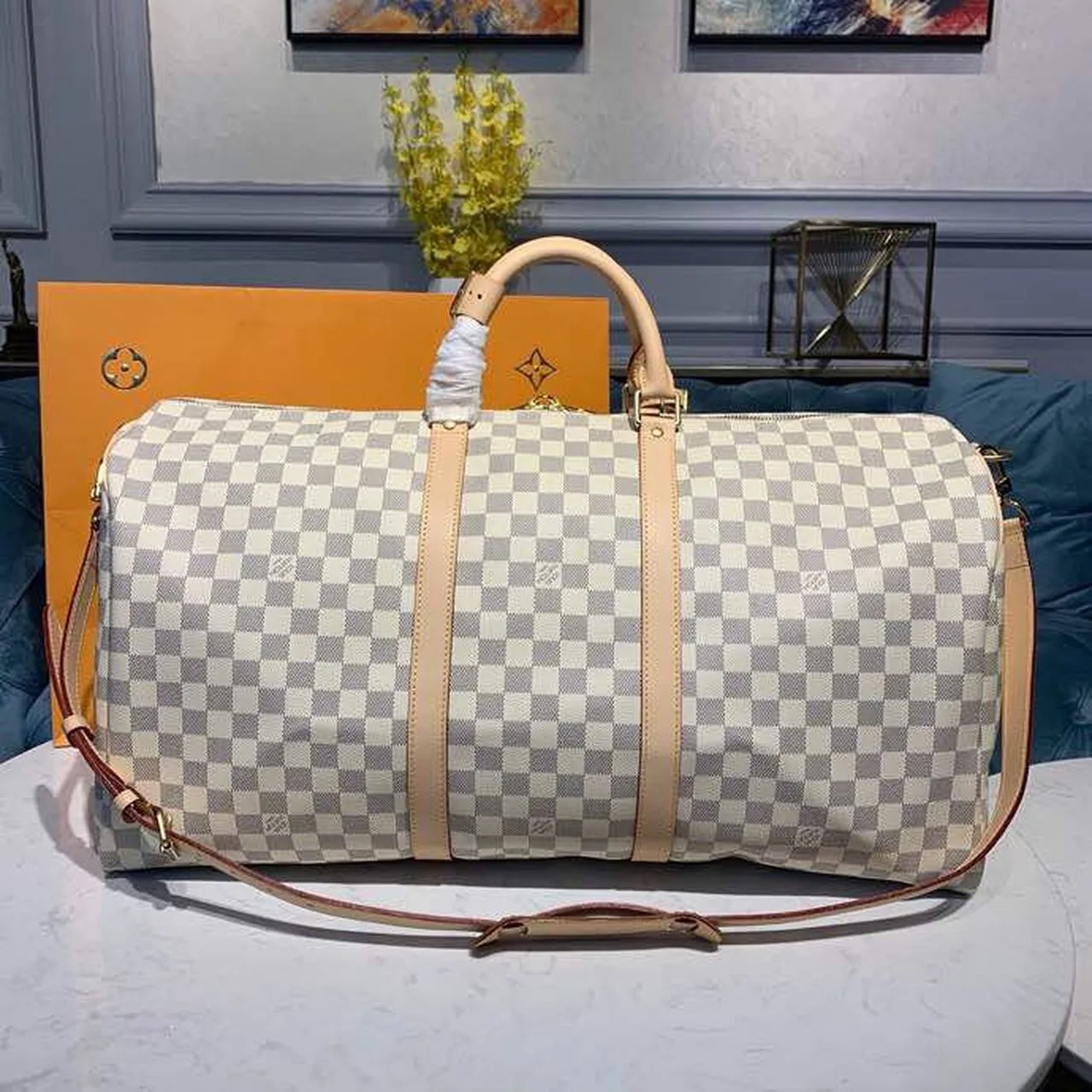 Louis Vuitton Keepall Bandouliere 55 Travel Bag / Damier Azur Gold Hardware - Image 4