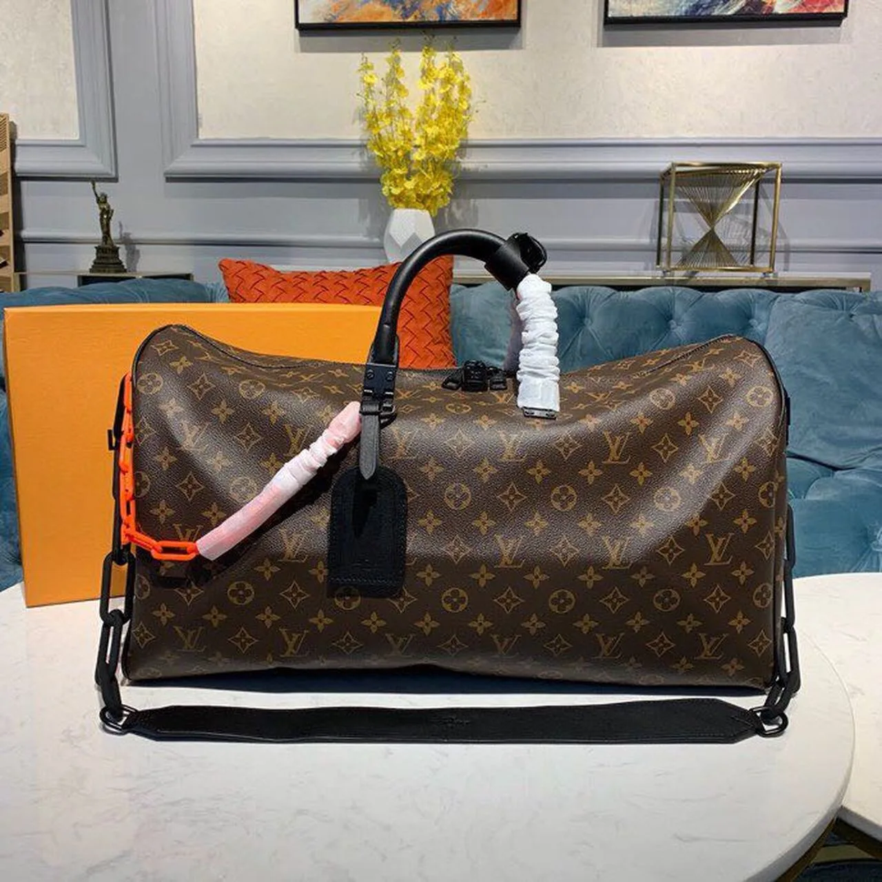 Louis Vuitton Keepall Bandouliere 50 Travel Bag / Black/ Orange Monogram Black Hardware - Image 2