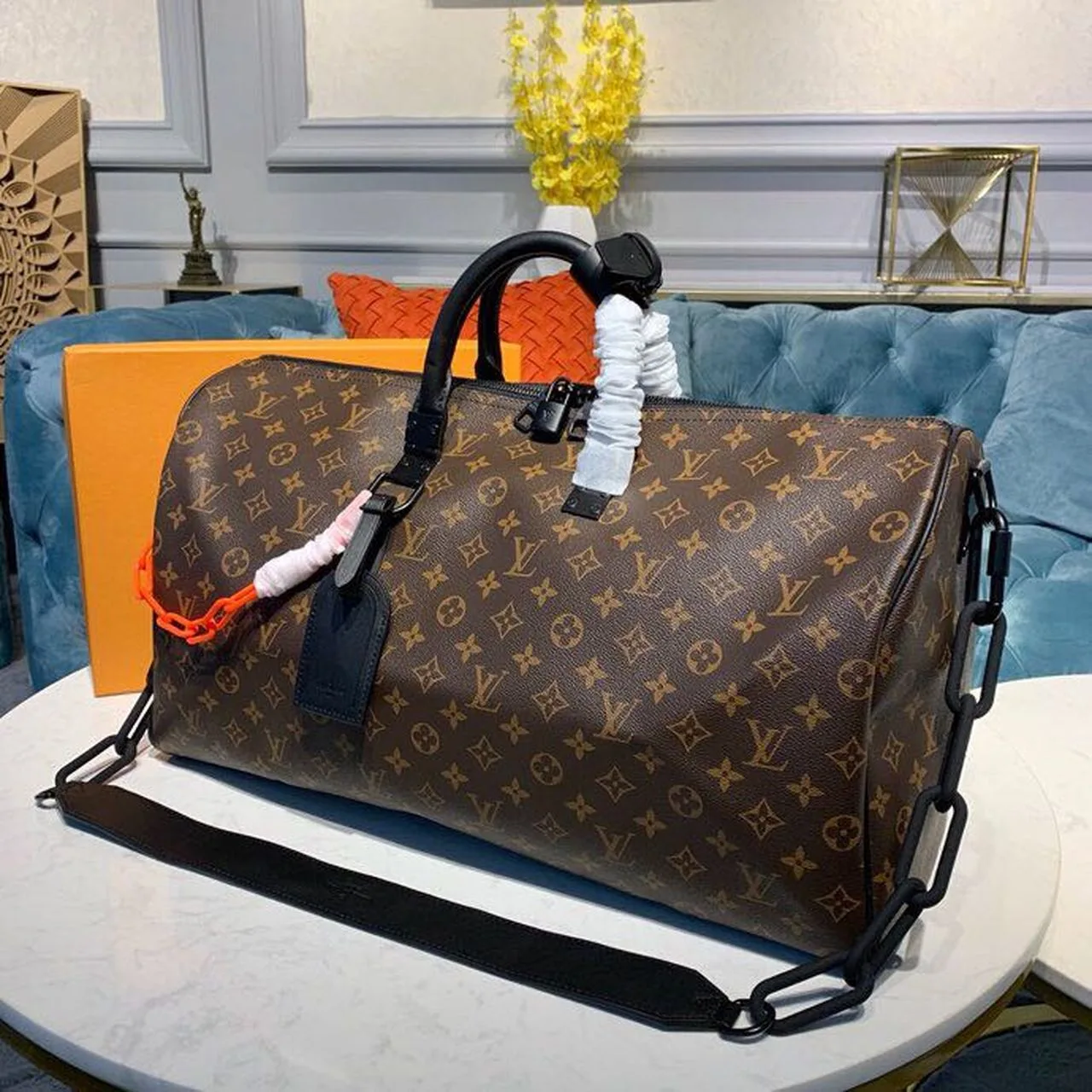 Louis Vuitton Keepall Bandouliere 50 Travel Bag / Black/ Orange Monogram Black Hardware - Image 3