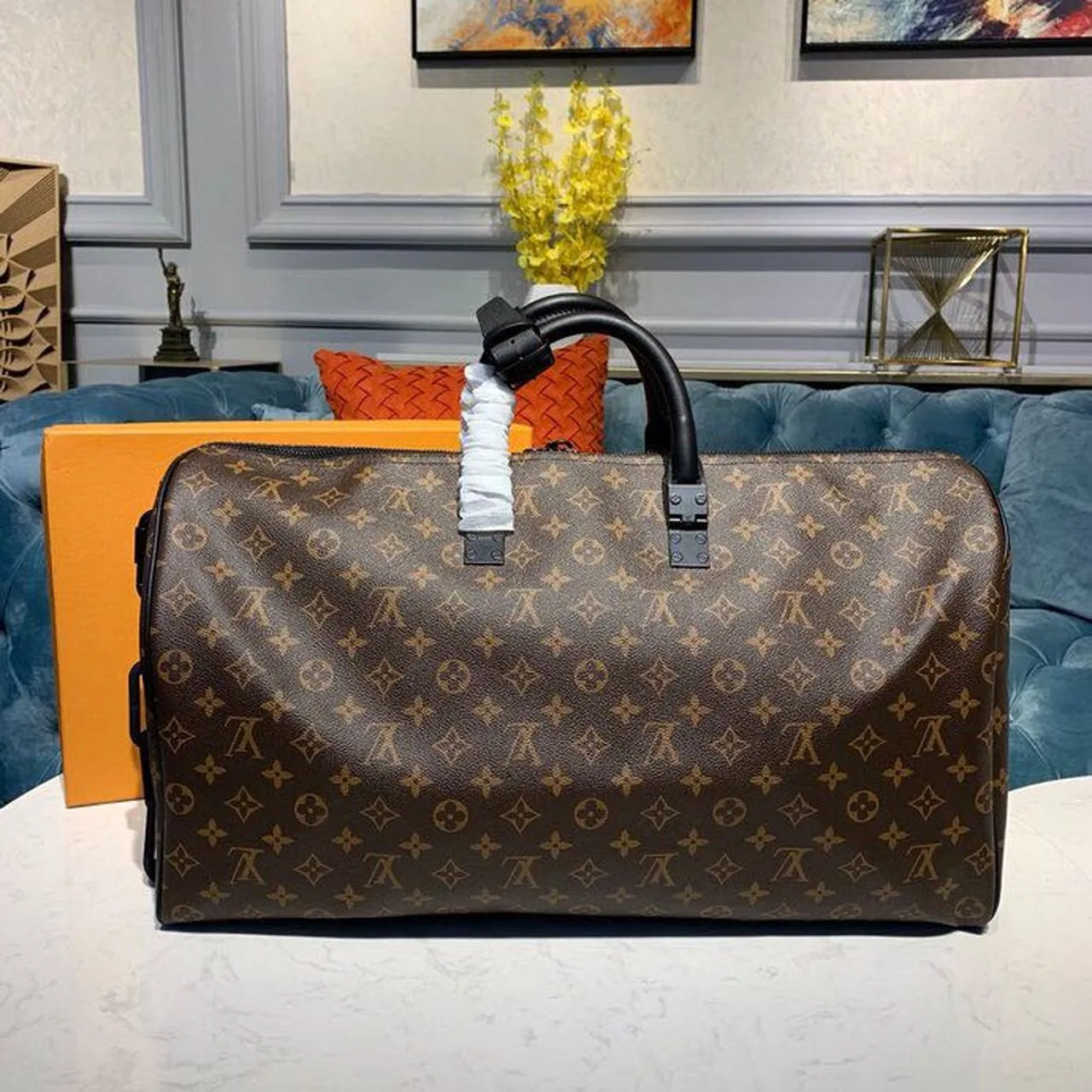Louis Vuitton Keepall Bandouliere 50 Travel Bag / Black/ Orange Monogram Black Hardware - Image 4