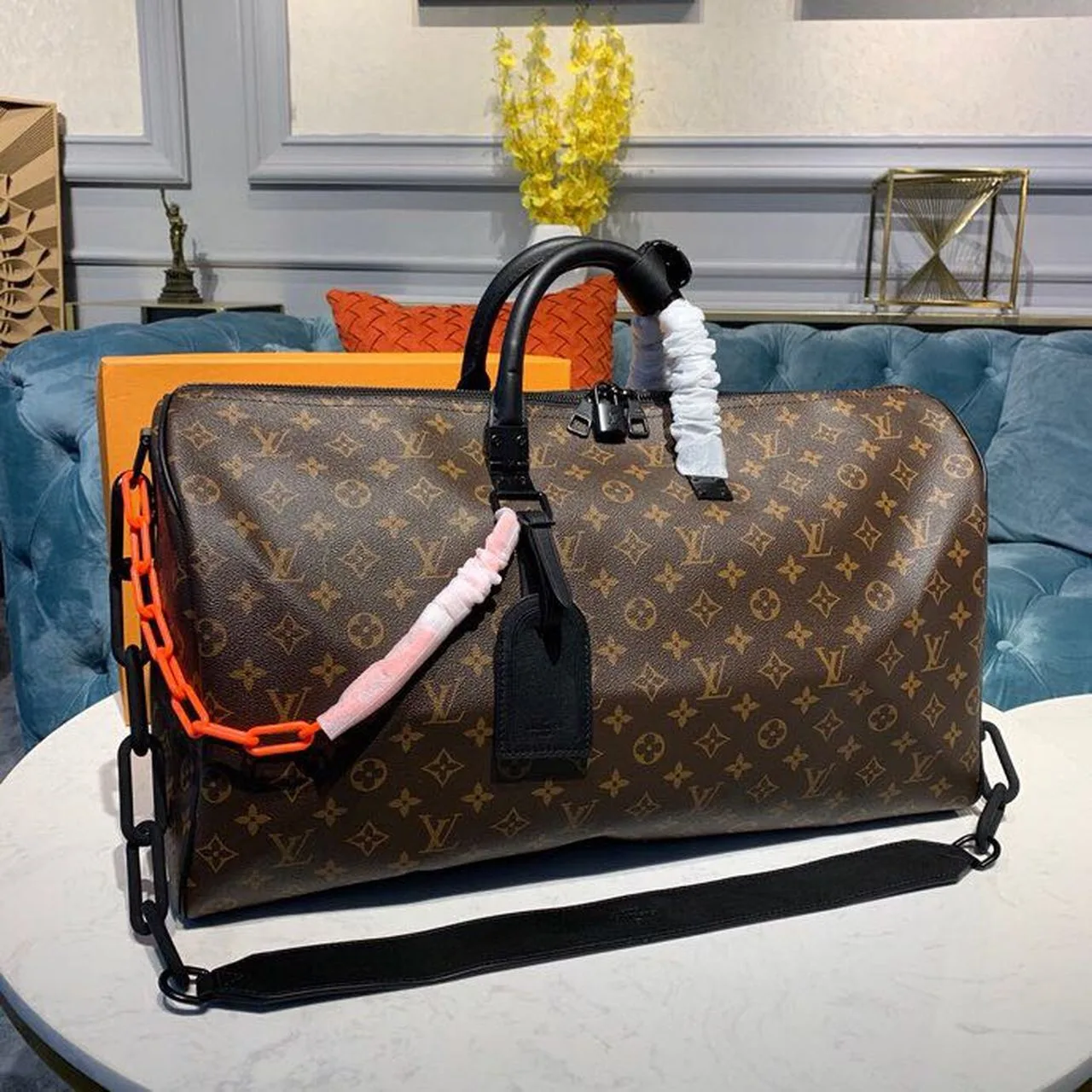 Louis Vuitton Keepall Bandouliere 50 Travel Bag / Black/ Orange Monogram Black Hardware - Image 5