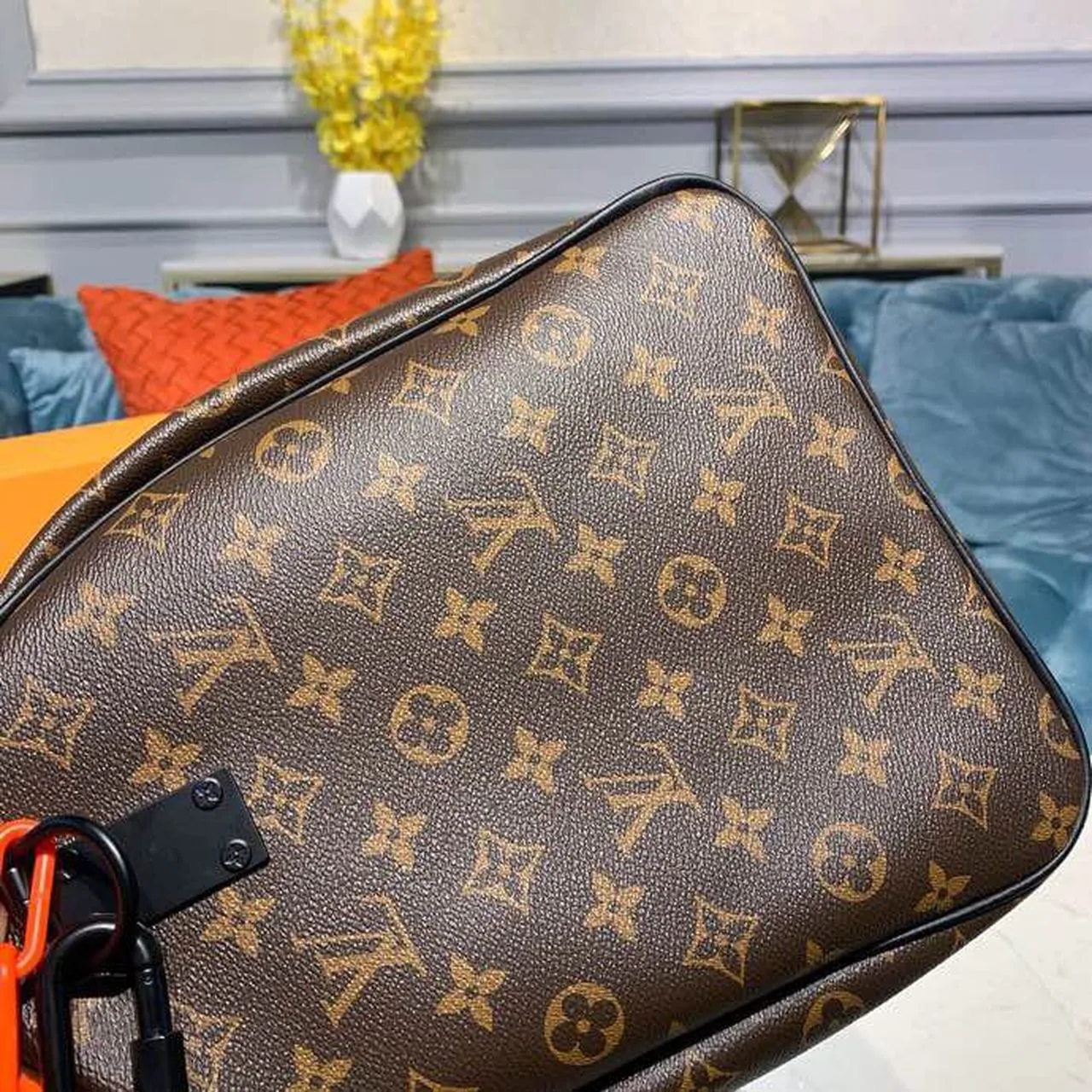 Louis Vuitton Keepall Bandouliere 50 Travel Bag / Black/ Orange Monogram Black Hardware - Image 8