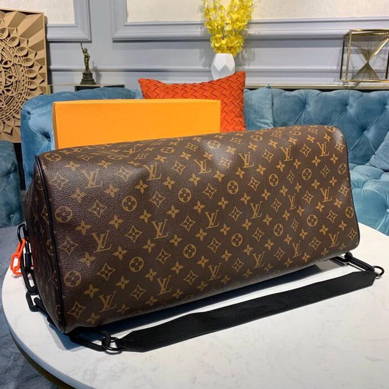 Louis Vuitton Keepall Bandouliere 50 Travel Bag / Black/ Orange Monogram Black Hardware - Image 6