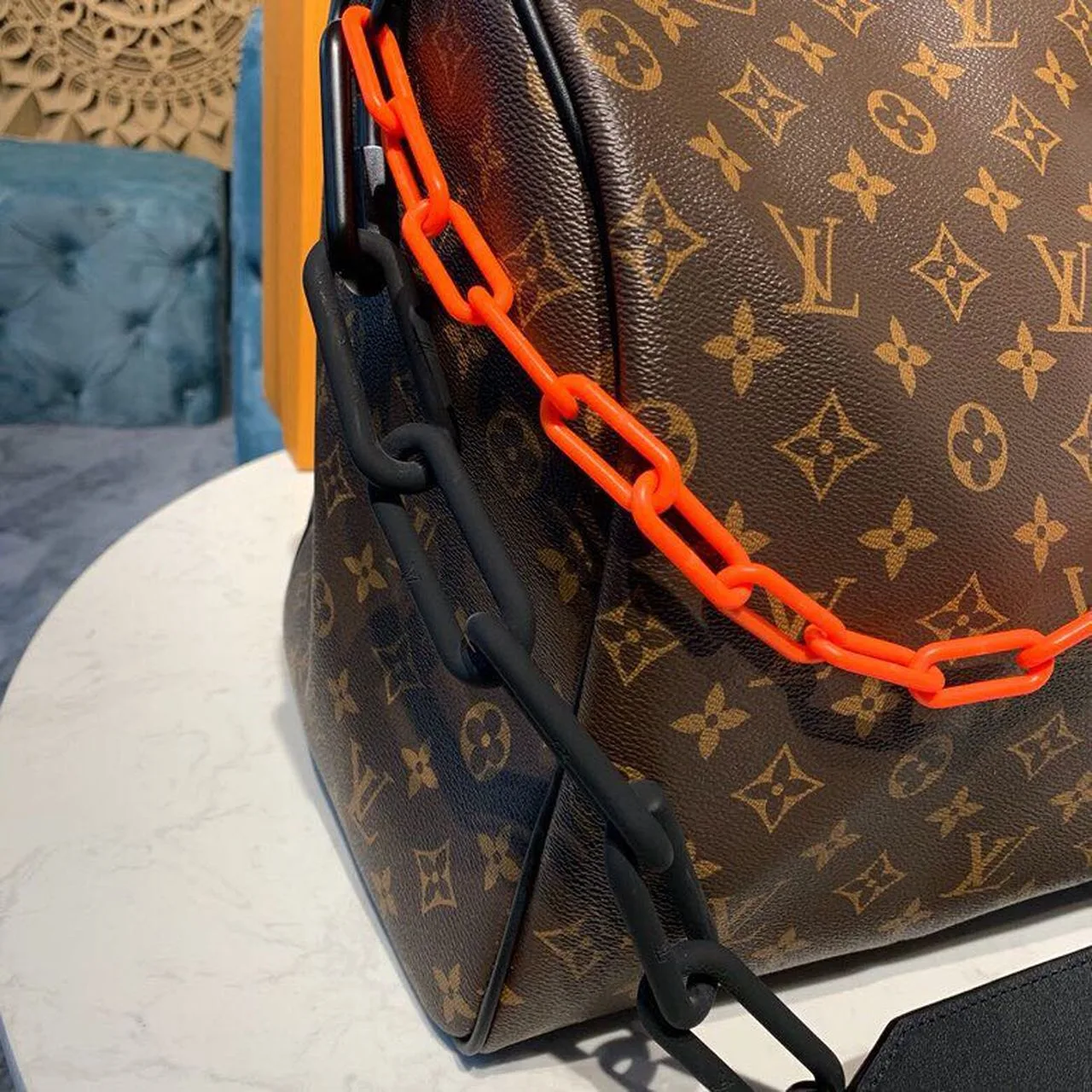 Louis Vuitton Keepall Bandouliere 50 Travel Bag / Black/ Orange Monogram Black Hardware - Image 9