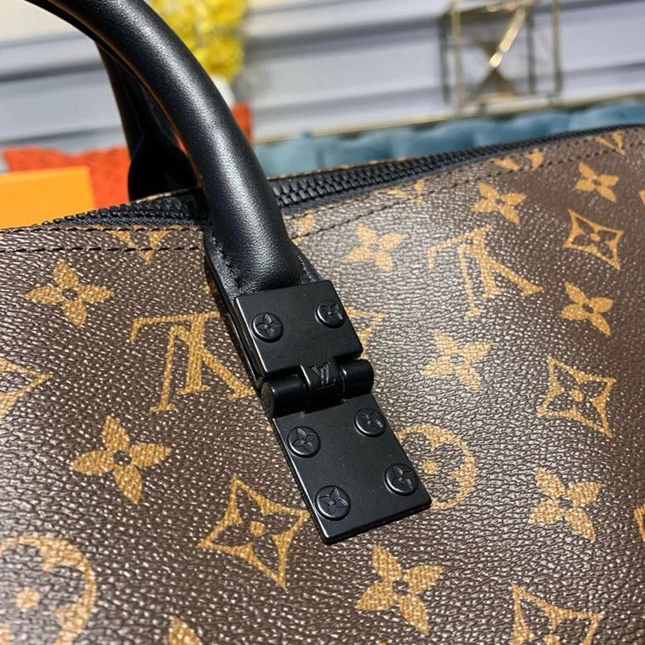 Louis Vuitton Keepall Bandouliere 50 Travel Bag / Black/ Orange Monogram Black Hardware - Image 10