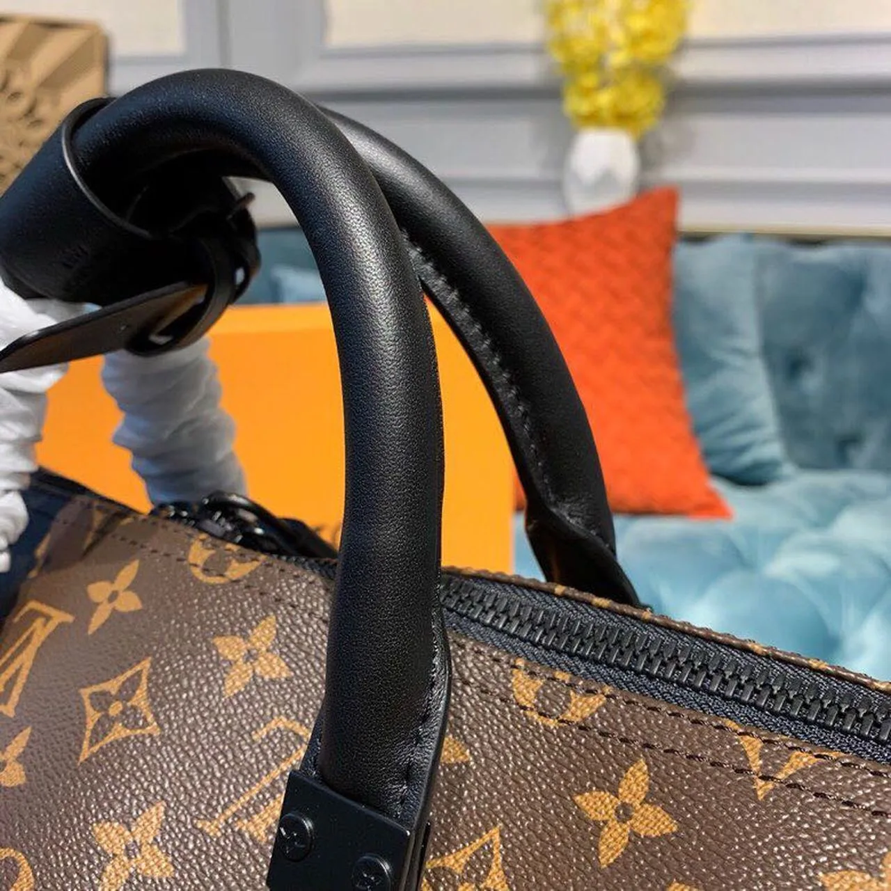 Louis Vuitton Keepall Bandouliere 50 Travel Bag / Black/ Orange Monogram Black Hardware - Image 11