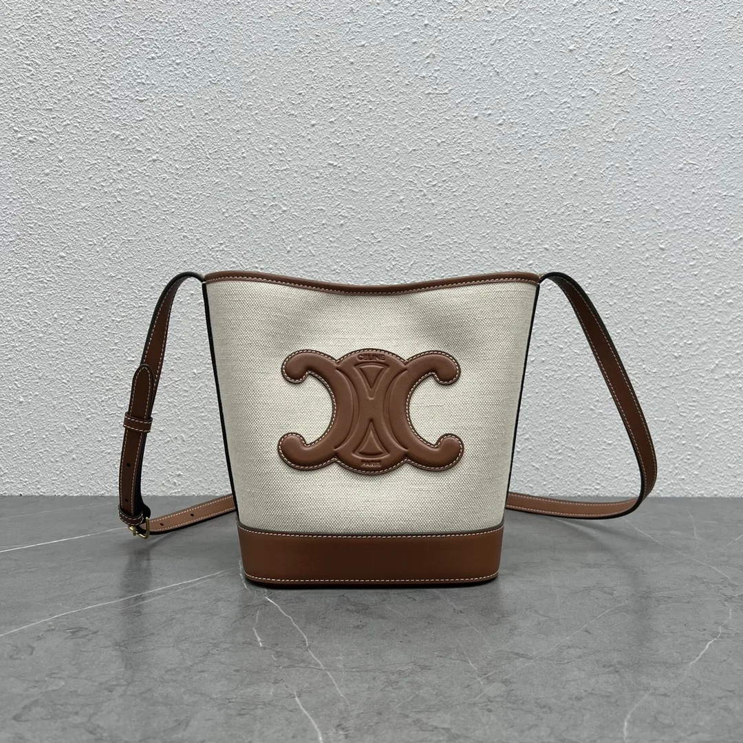 Celine Small Bucket Cuir Triomphe In Textile Natural / Tan / .02NT