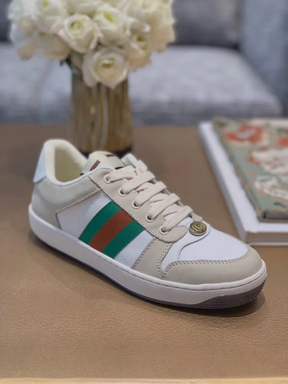 Gucci Women’s Screener Sneaker With Web Beige/White - Image 5