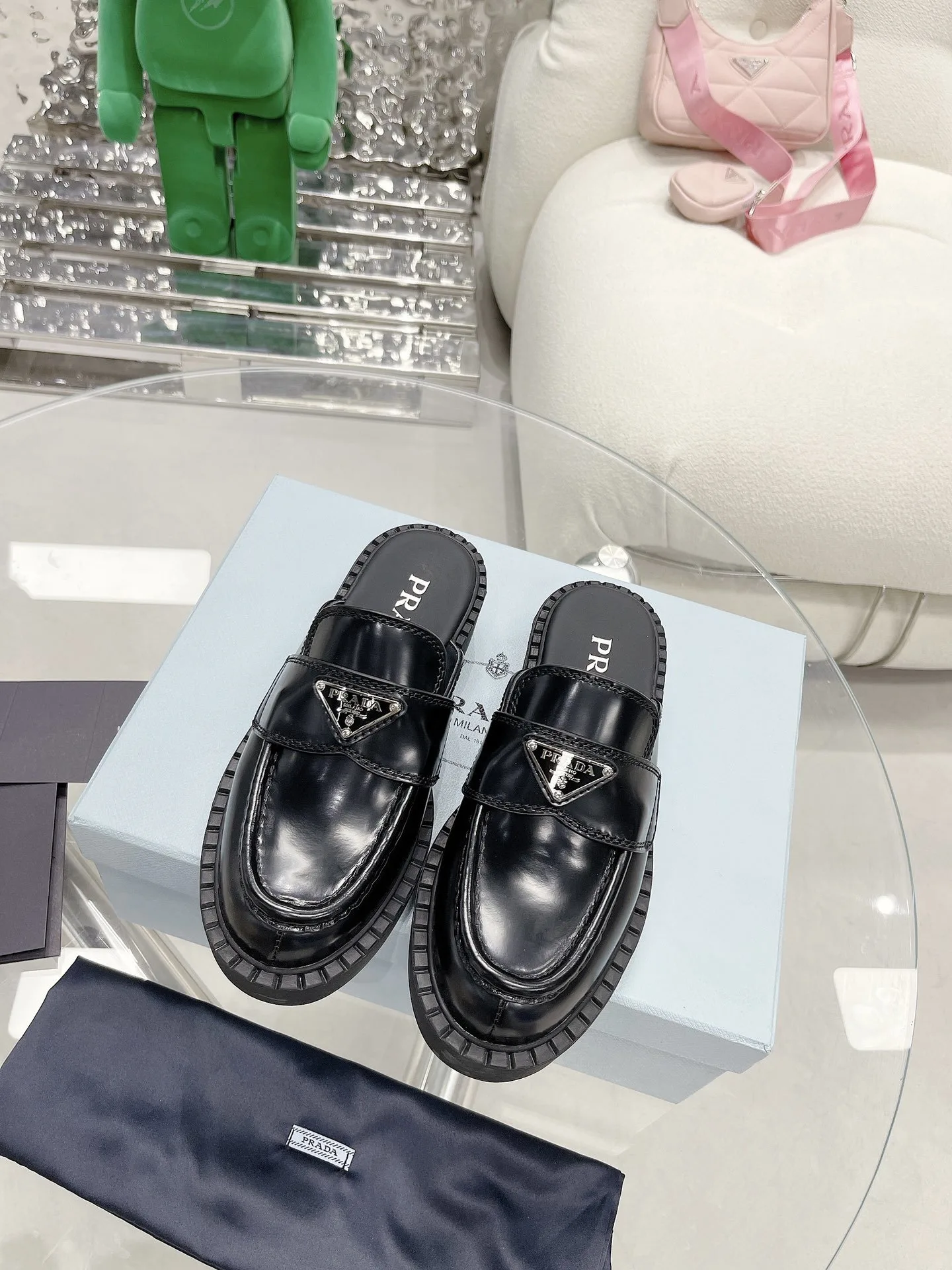 Prada Chocolate Brushed Mules Black / PRD - Image 6