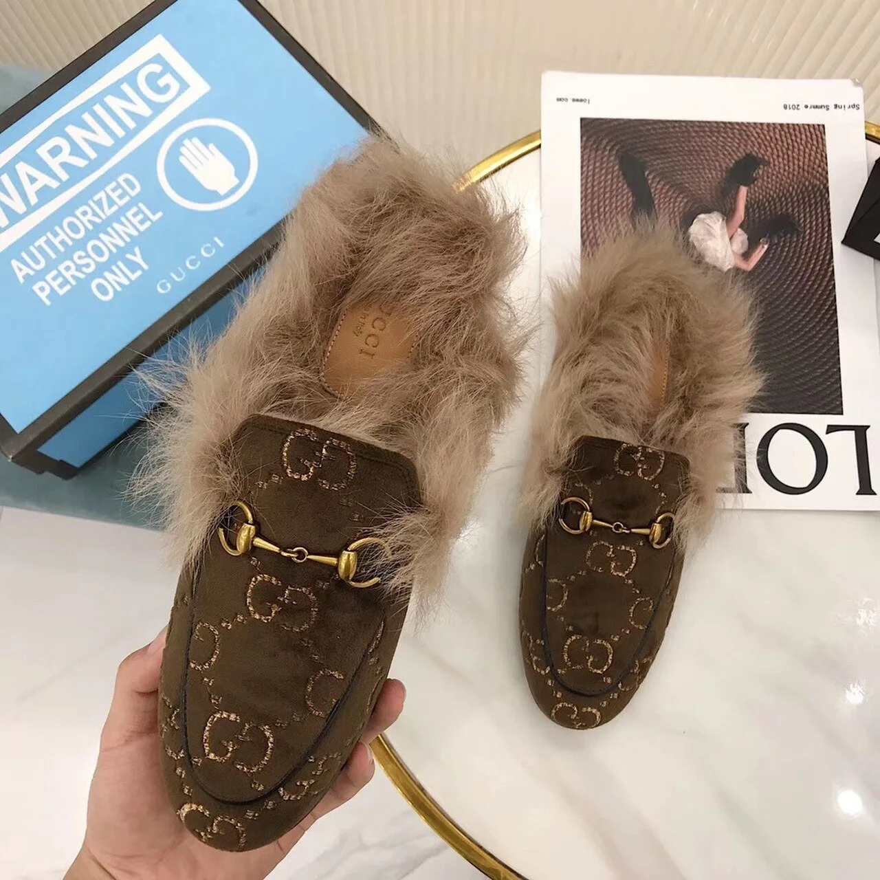 Gucci Princetown Velvet Fur Slipper Mules Calfskin Leather Pre-Fall/Winter Collection, Brown - Image 3