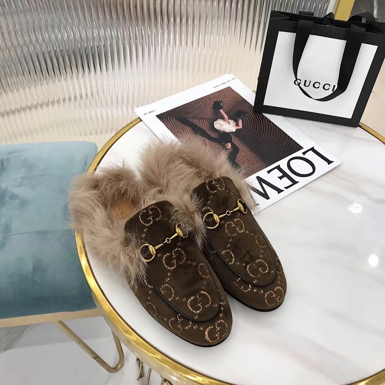 Alternative view of Gucci Princetown Velvet Fur Slipper Mules Calfskin Leather Pre-Fall/Winter Collection, Brown