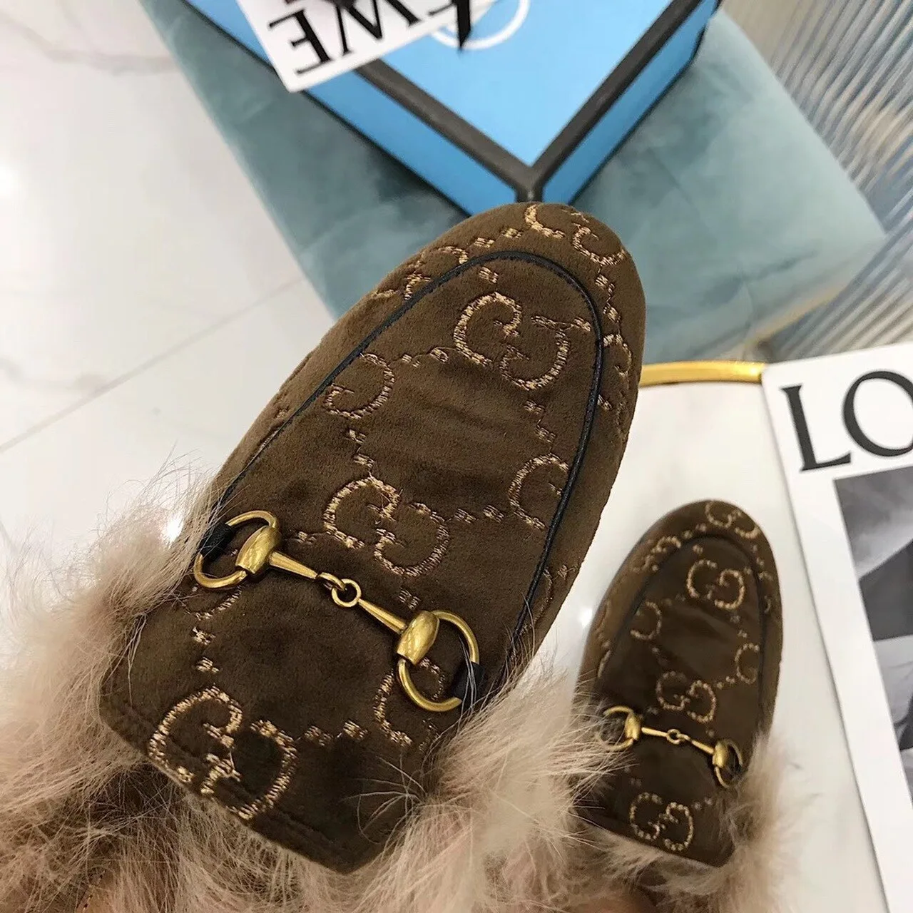 Gucci Princetown Velvet Fur Slipper Mules Calfskin Leather Pre-Fall/Winter Collection, Brown - Image 4