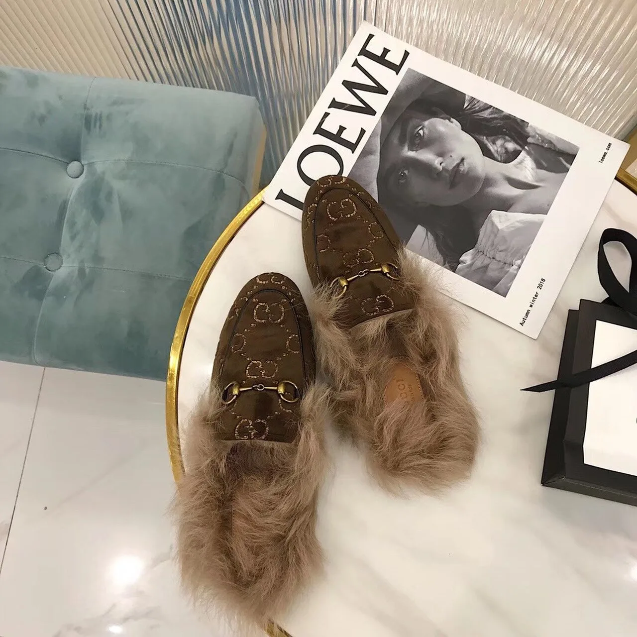 Gucci Princetown Velvet Fur Slipper Mules Calfskin Leather Pre-Fall/Winter Collection, Brown - Image 6