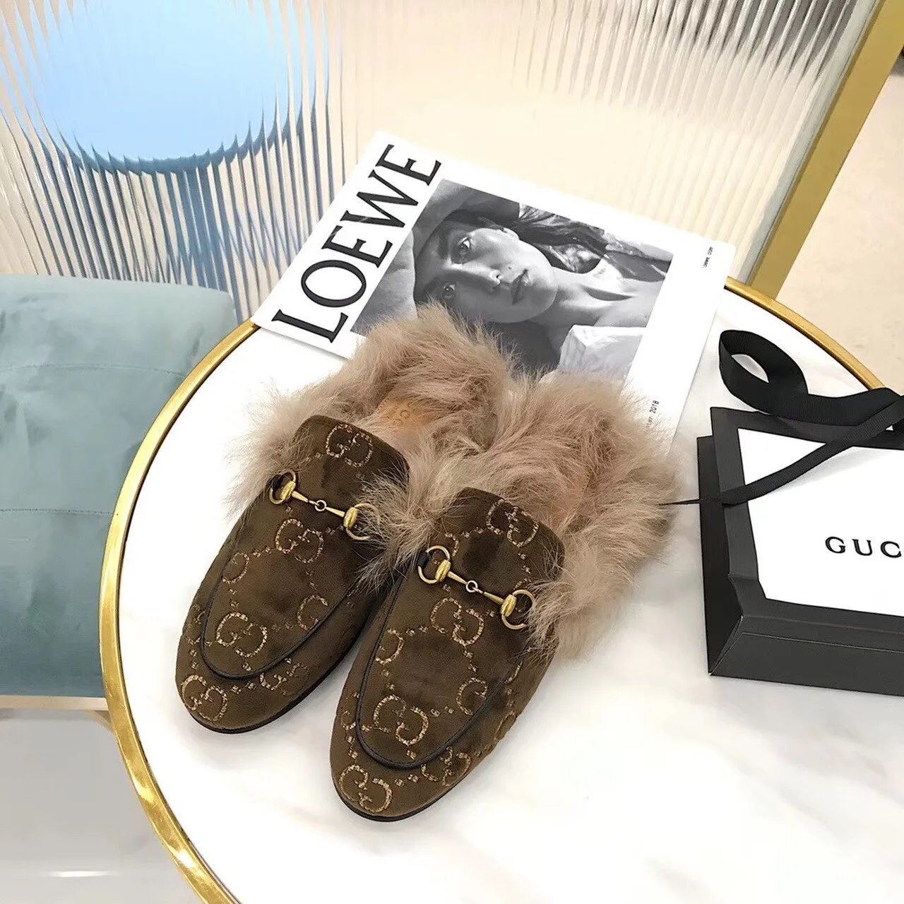 Gucci Princetown Velvet Fur Slipper Mules Calfskin Leather Pre-Fall/Winter Collection, Brown - Image 5