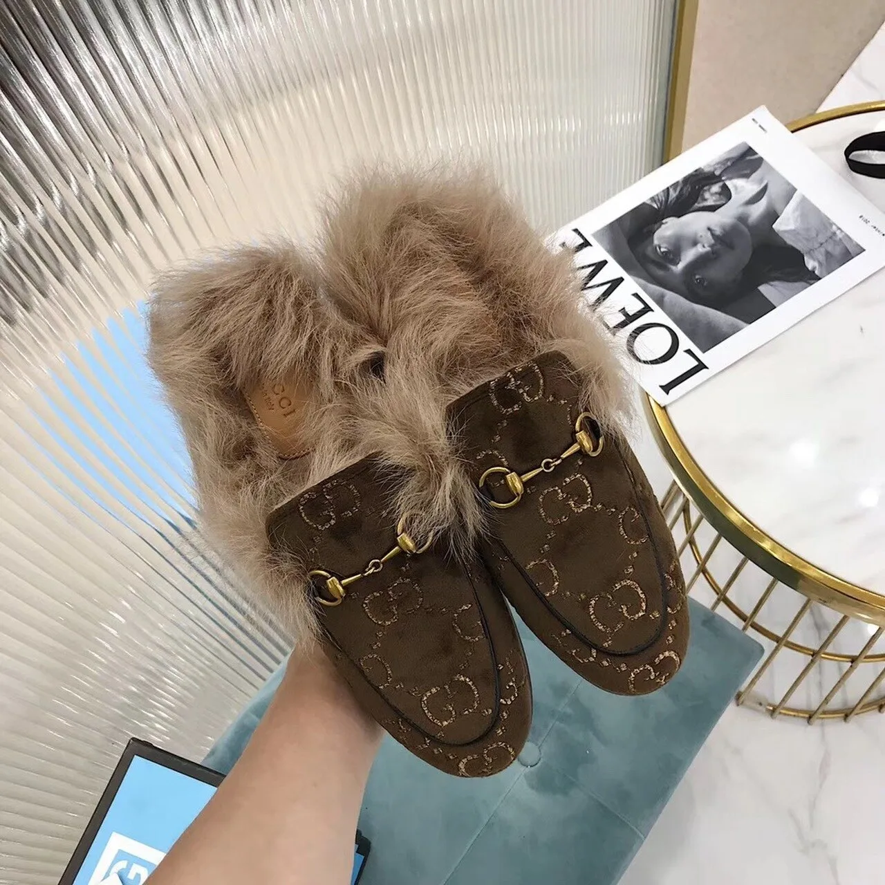 Gucci Princetown Velvet Fur Slipper Mules Calfskin Leather Pre-Fall/Winter Collection, Brown - Image 7