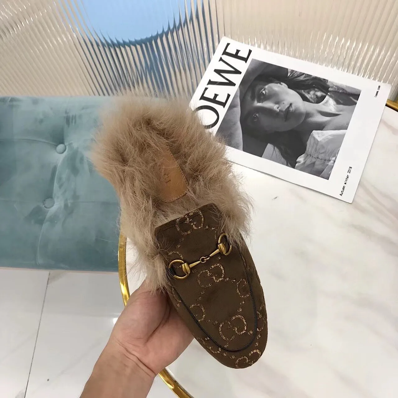 Gucci Princetown Velvet Fur Slipper Mules Calfskin Leather Pre-Fall/Winter Collection, Brown - Image 8
