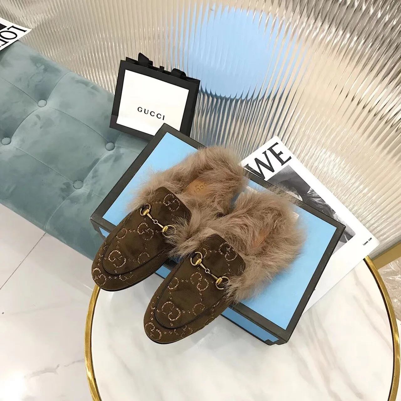 Gucci Princetown Velvet Fur Slipper Mules Calfskin Leather Pre-Fall/Winter Collection, Brown - Image 9