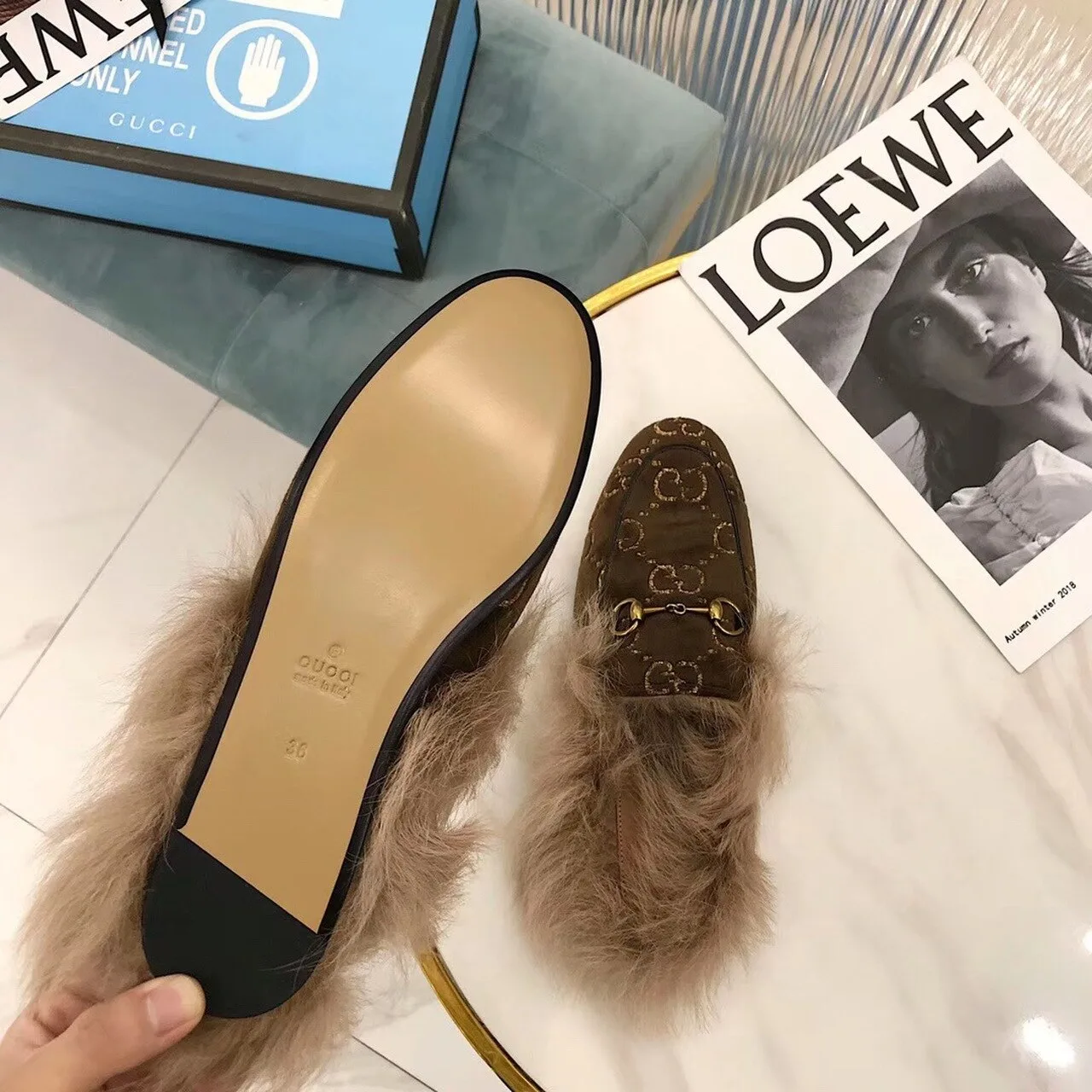 Gucci Princetown Velvet Fur Slipper Mules Calfskin Leather Pre-Fall/Winter Collection, Brown - Image 10