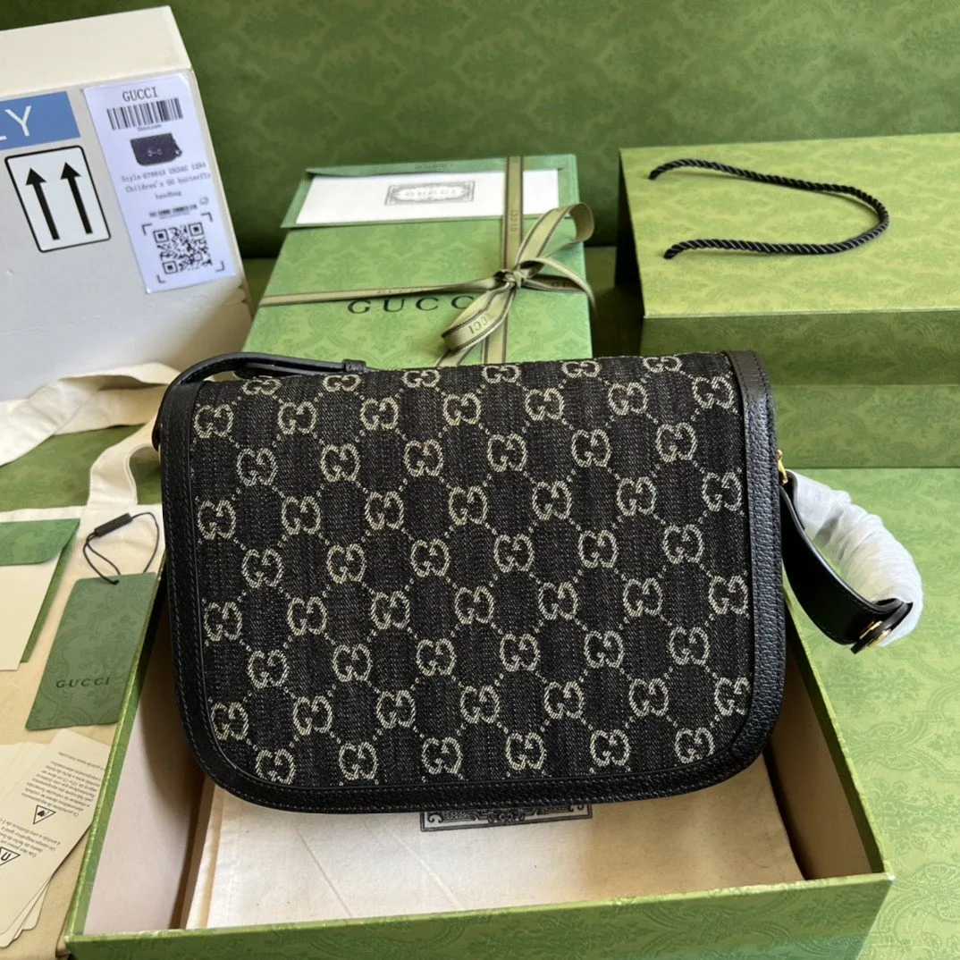 Gucci Horsebit 1955 Shoulder Bag / Black And Ivory GG Denim Jacquard Gold Hardware - Image 6