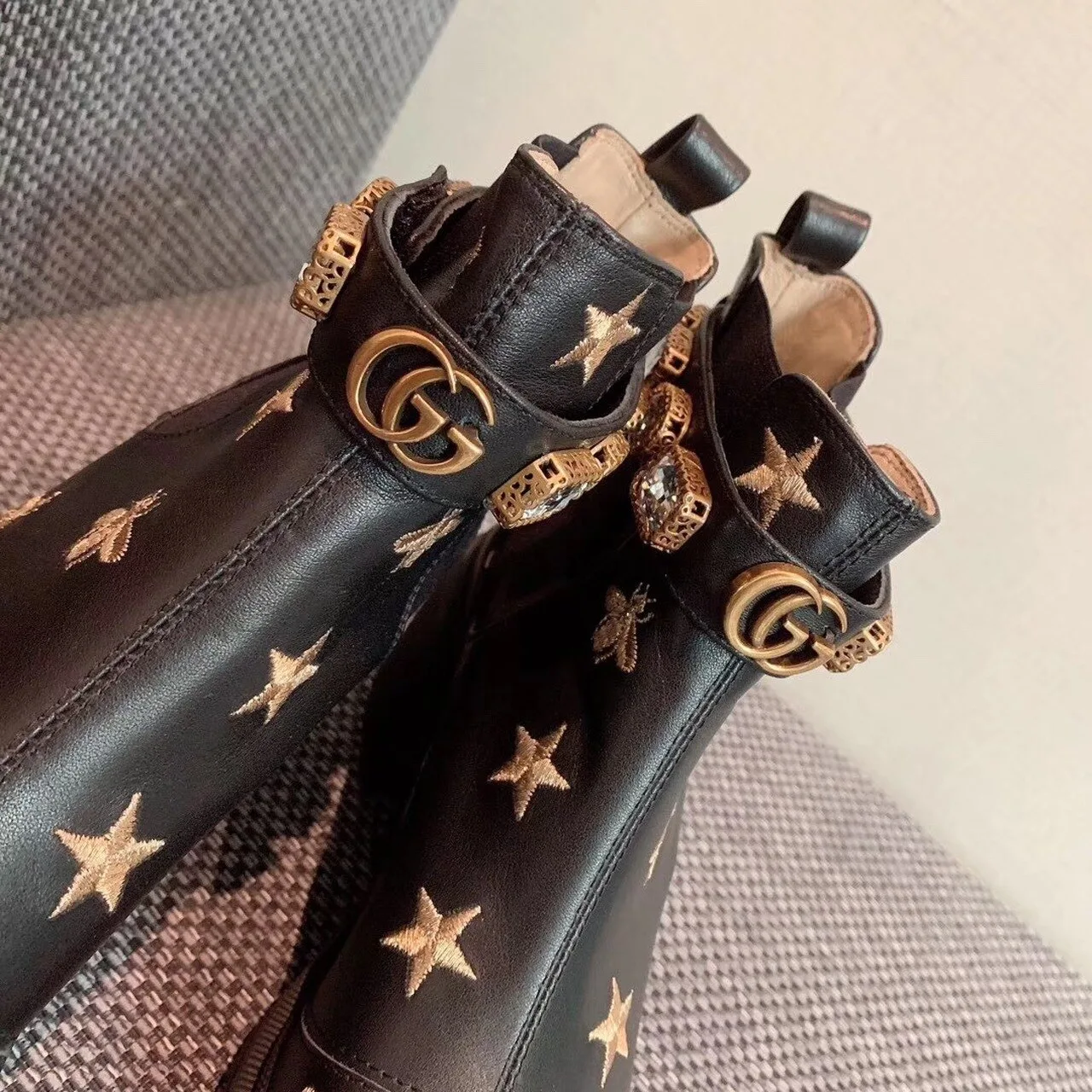 Gucci Star And Bee Embroidered Trip Ankle Boots Black - Image 6