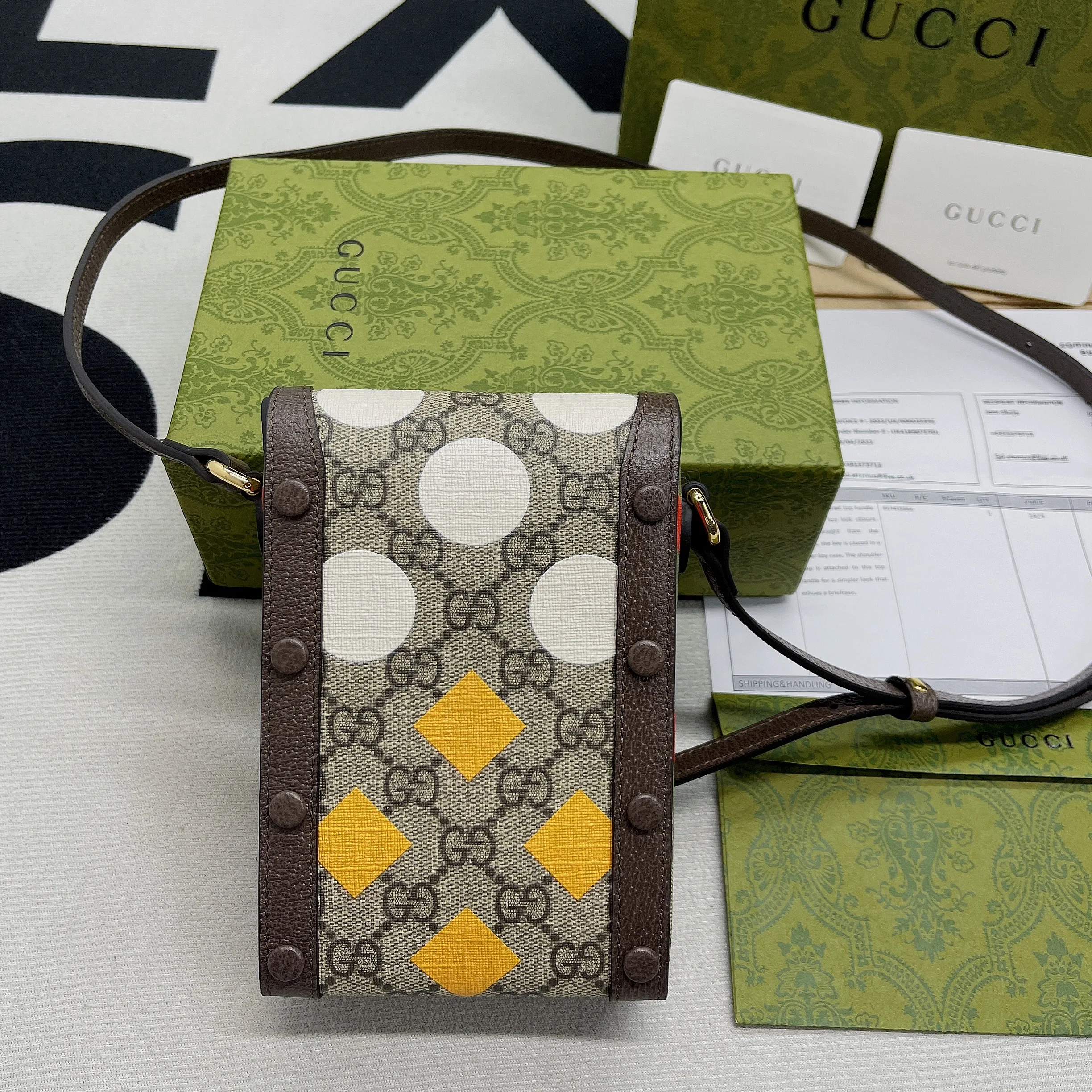Gucci Horsebit 1955 Mini Bag / Beige/ Ebony GG Supreme Canvas With Geometric Print - Image 10
