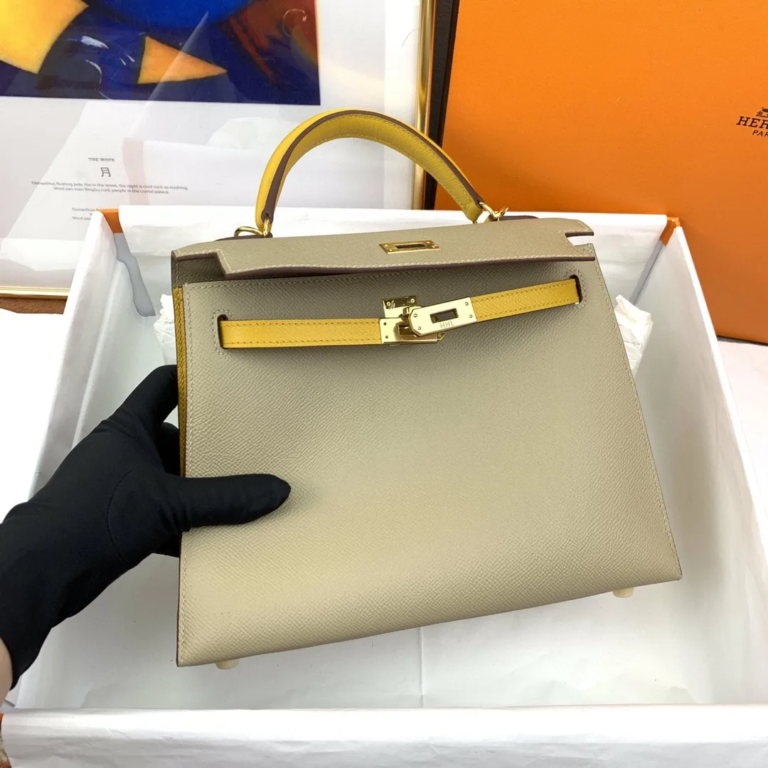Hermes Kelly 25 Sellier Epsom Greige/Yellow Bag - Image 5