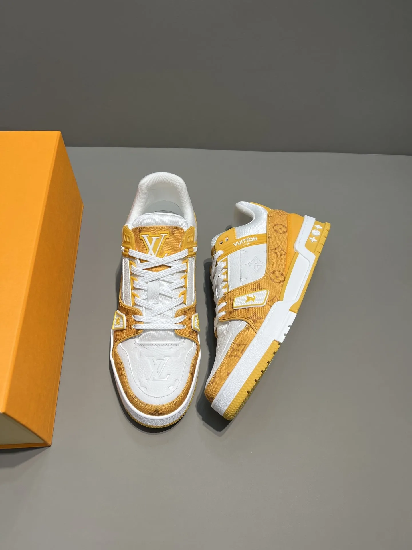 Louis Vuitton Trainer Sneaker Monogram Denim Yellow Virgil Abloh LV 1A9JHJ - Image 8