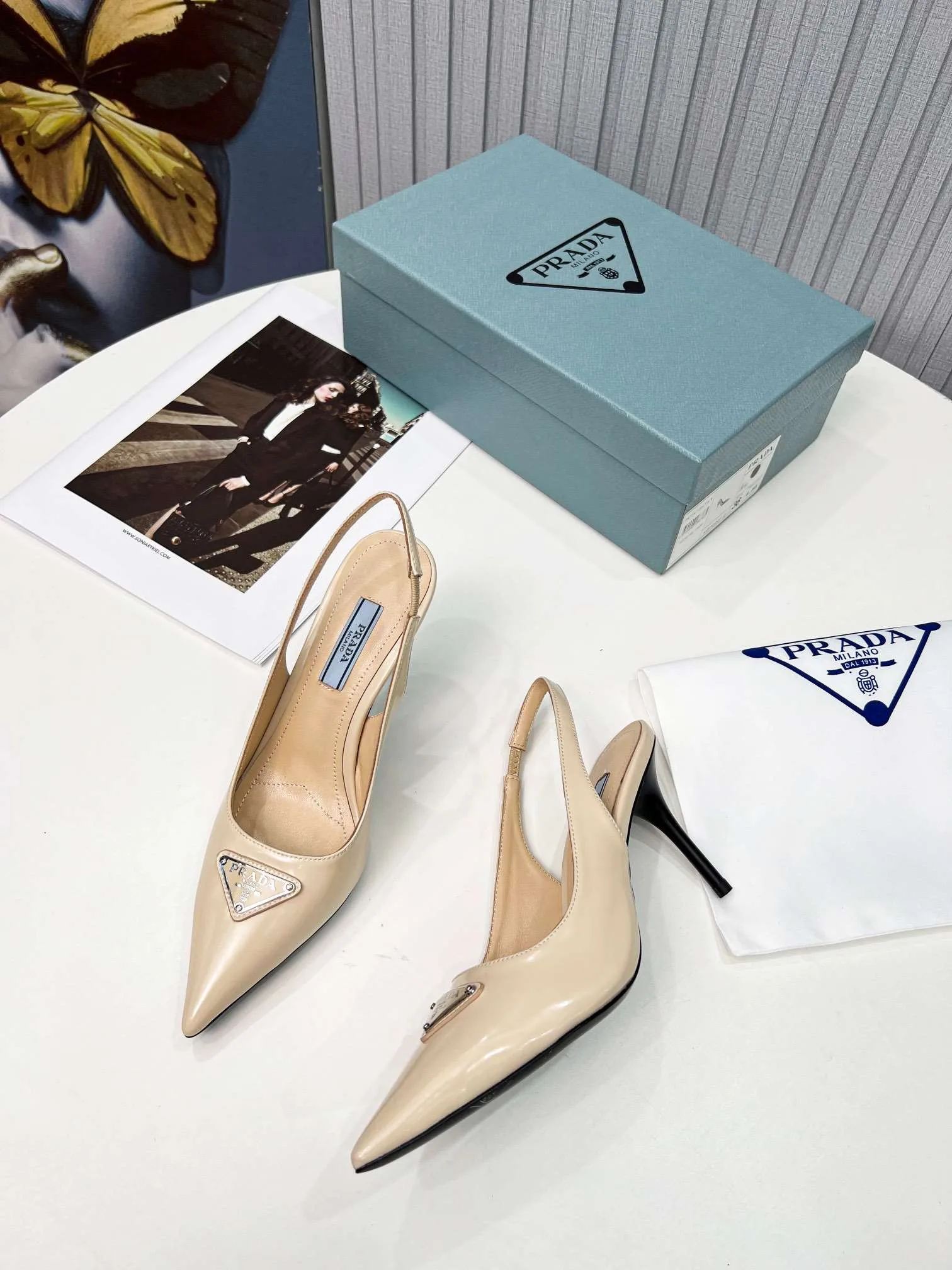 Prada Brushed Sling Pumps Cream - Image 8