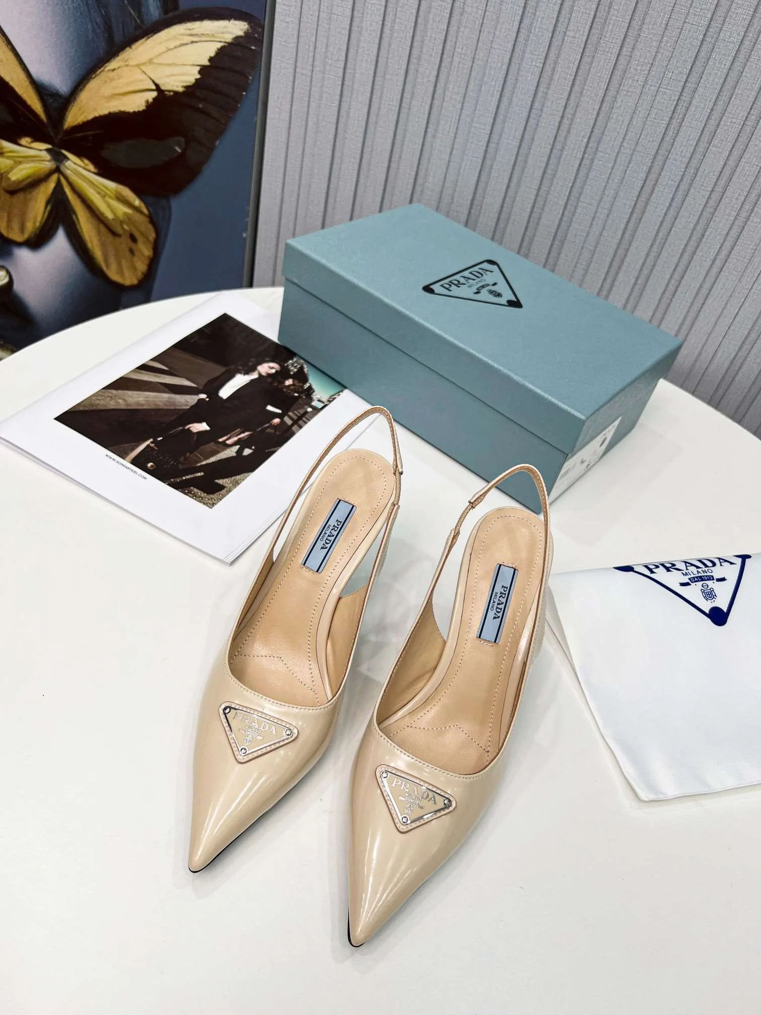 Prada Brushed Sling Pumps Cream - Image 7