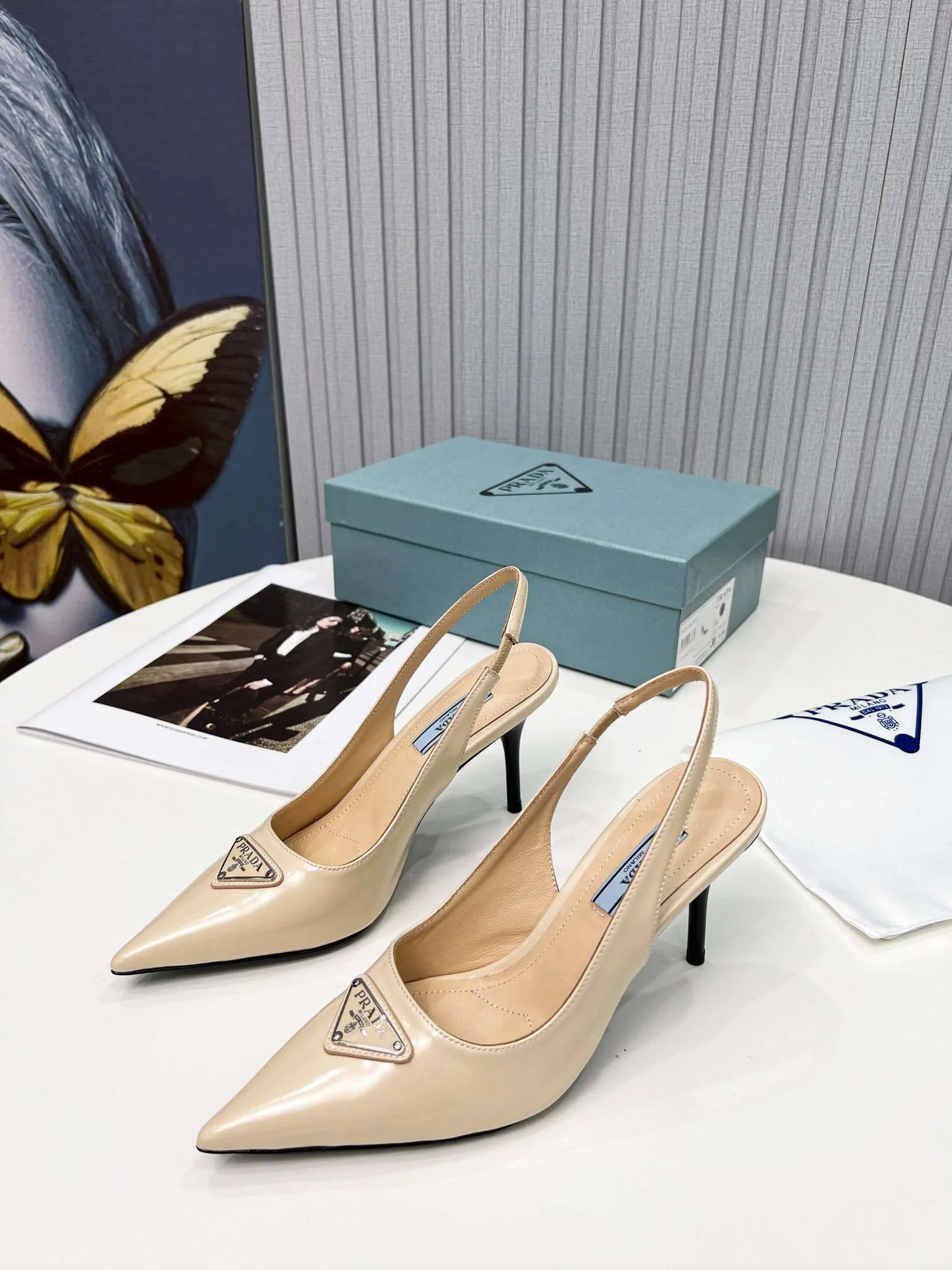 Prada Brushed Sling Pumps Cream - Image 6