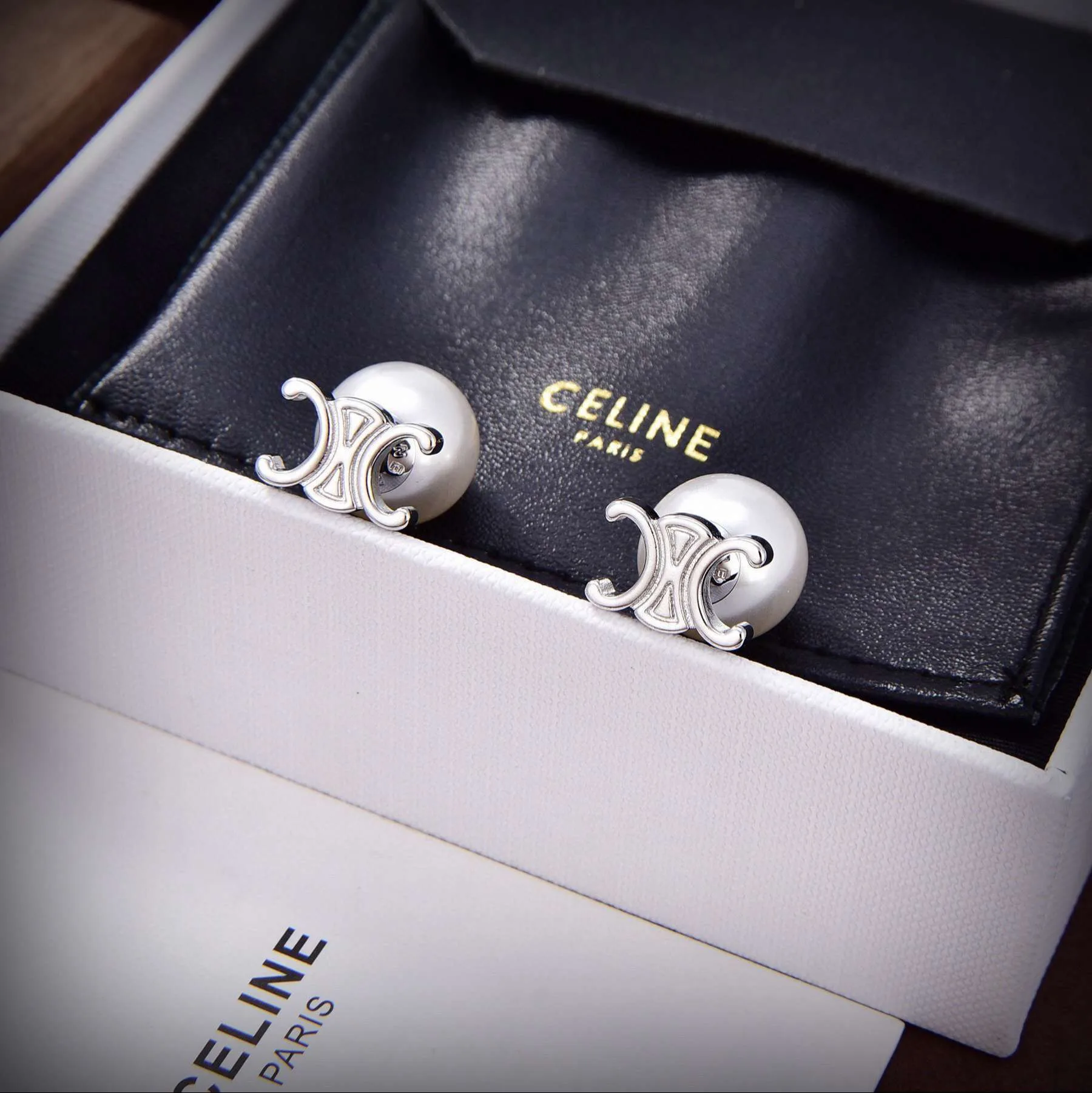 Celine Triomphe Pearl Earrings Silver - Image 6