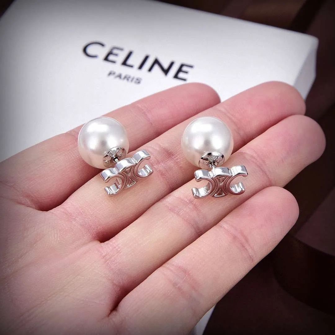 Celine Triomphe Pearl Earrings Silver - Image 5