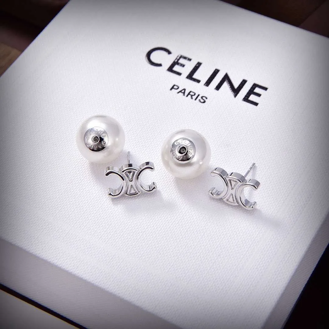 Celine Triomphe Pearl Earrings Silver - Image 4