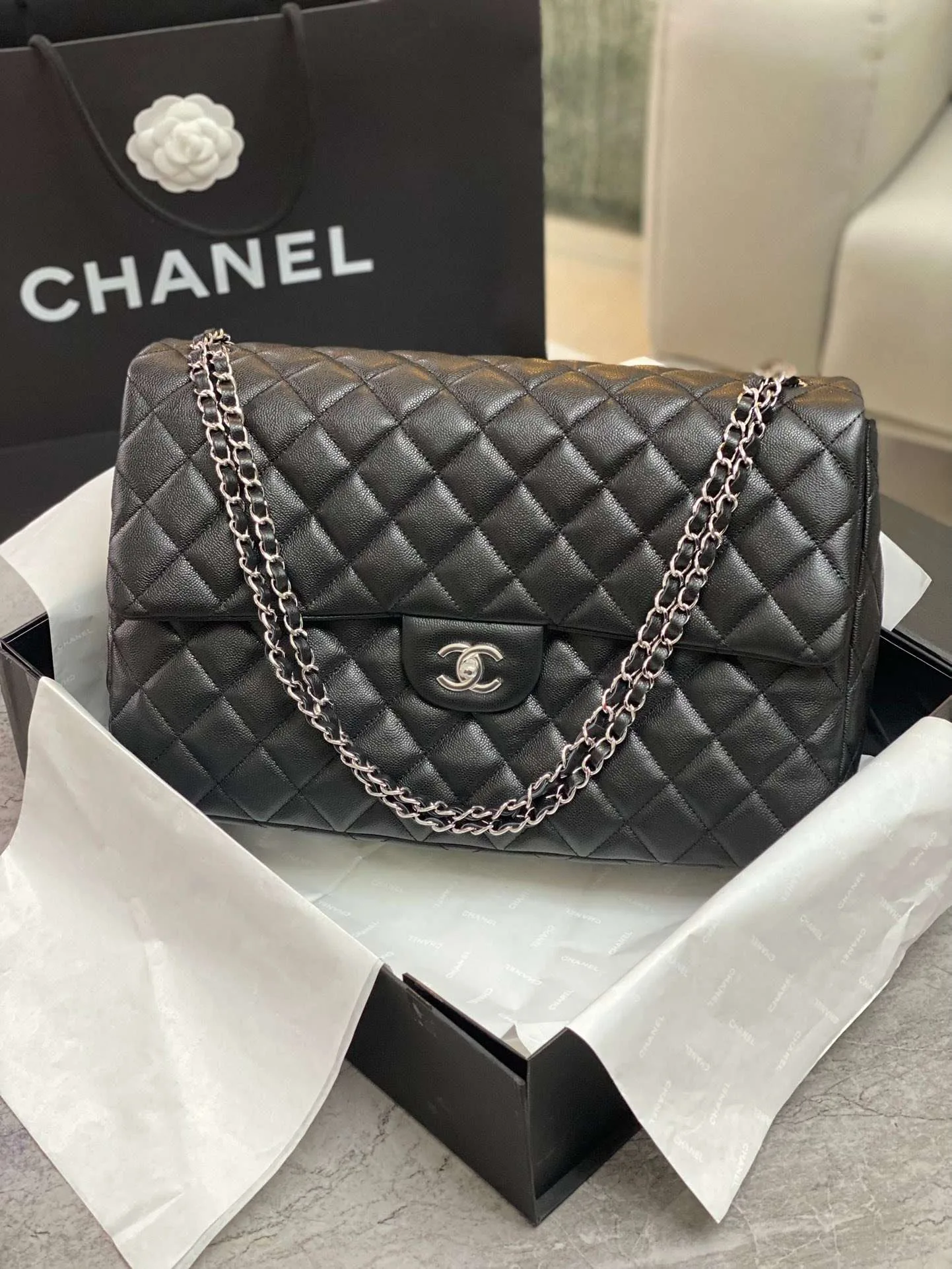 Alternative view of Chanel Classic Maxi Jumbo XL Crossbody Bag / Black Silver Hardware
