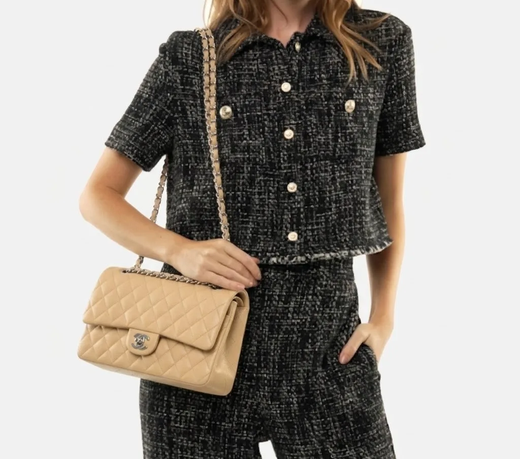 Alternative view of Chanel Classic Double Flap Bag Medium Crossbody / Beige Silver Hardware