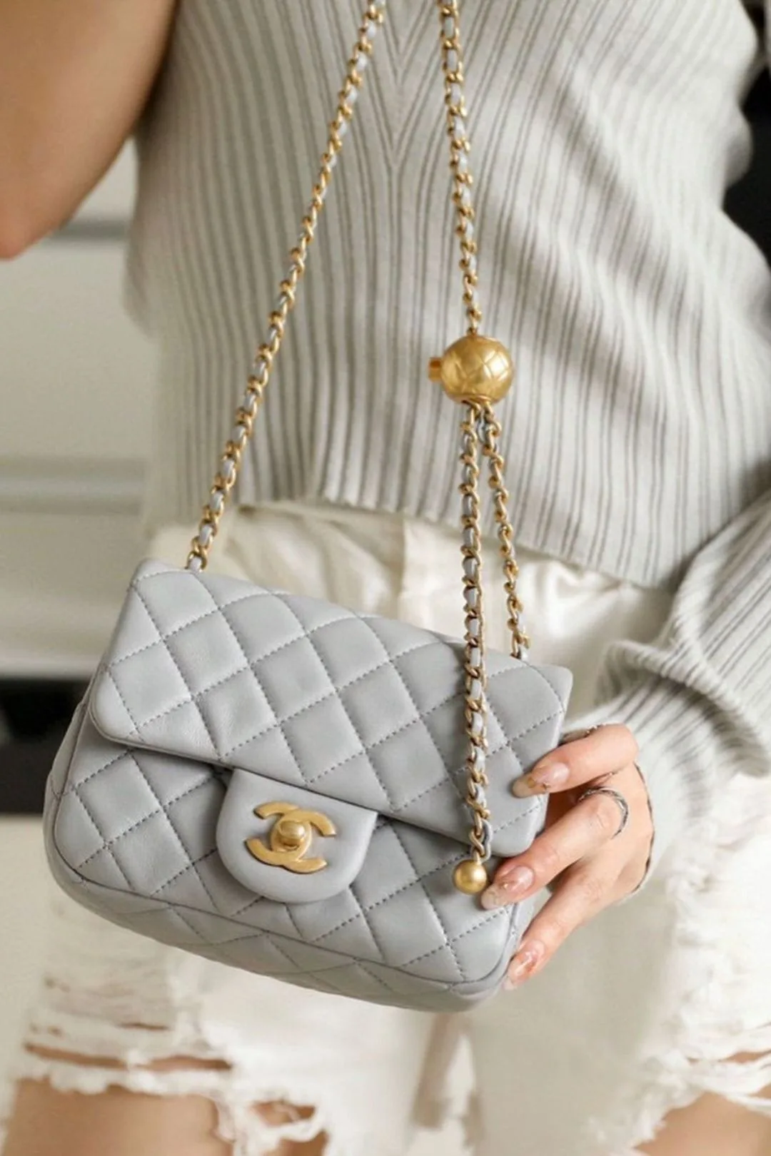 Alternative view of Chanel Classic Flap Bag With Charm Chain Mini Crossbody / Grey Gold Hardware