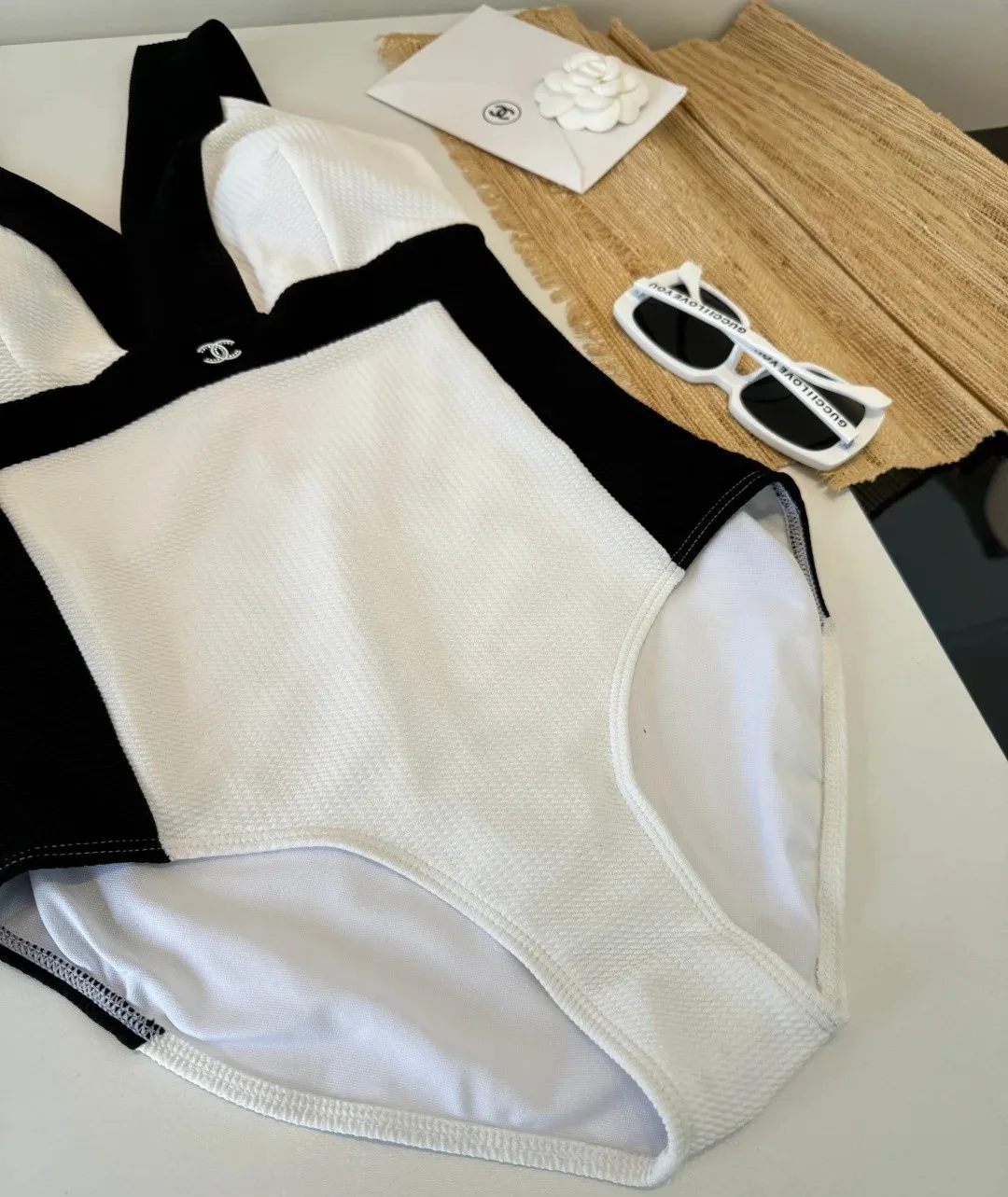 Chanel Color-Block Textured One-Piece Swimsuit Black/ White - Image 8