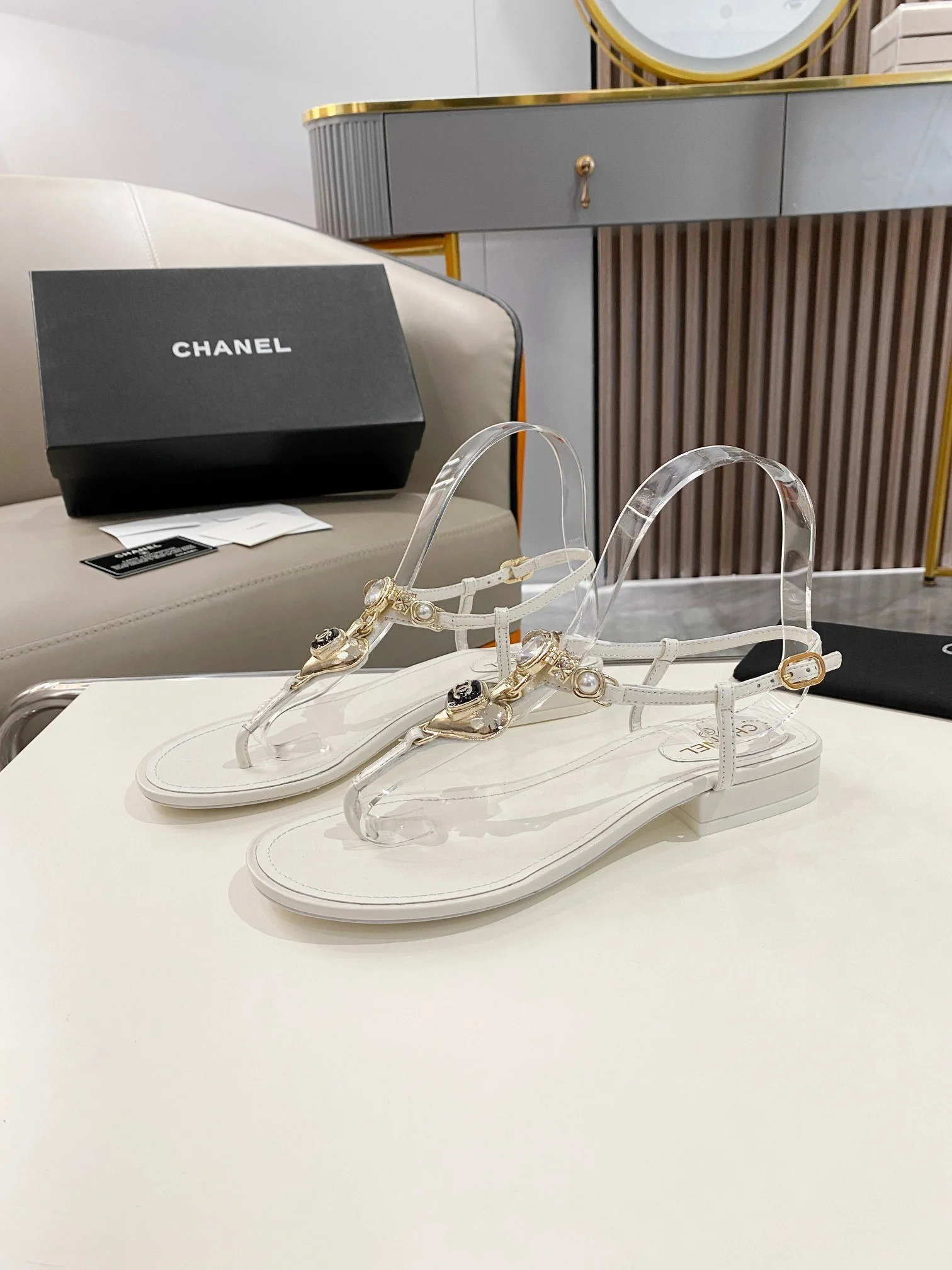 Chanel Crystal Low Heels Flip Flops White - Image 10